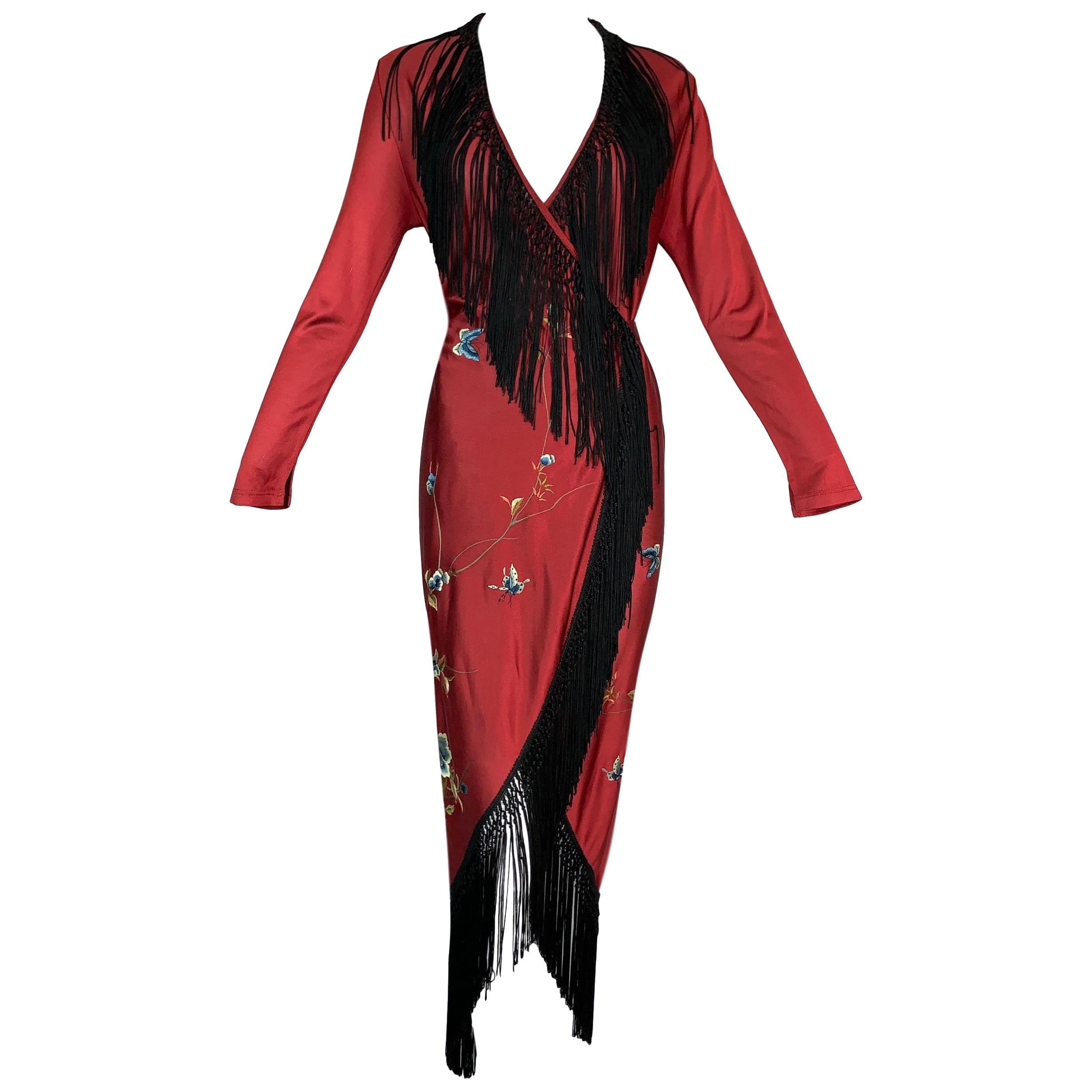 1990's Jean Paul Gaultier Butterfly Embroidered Red & Black Fringe Wrap Dress