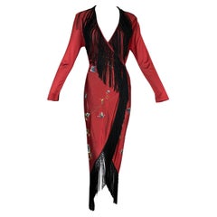 1990's Jean Paul Gaultier Butterfly Embroidered Red & Black Fringe Wrap Dress