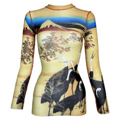 cherry blossom top 1990s Jean Paul Gaultier Chinese Mountains Crane Cherry Blossom Sheer Yellow Top