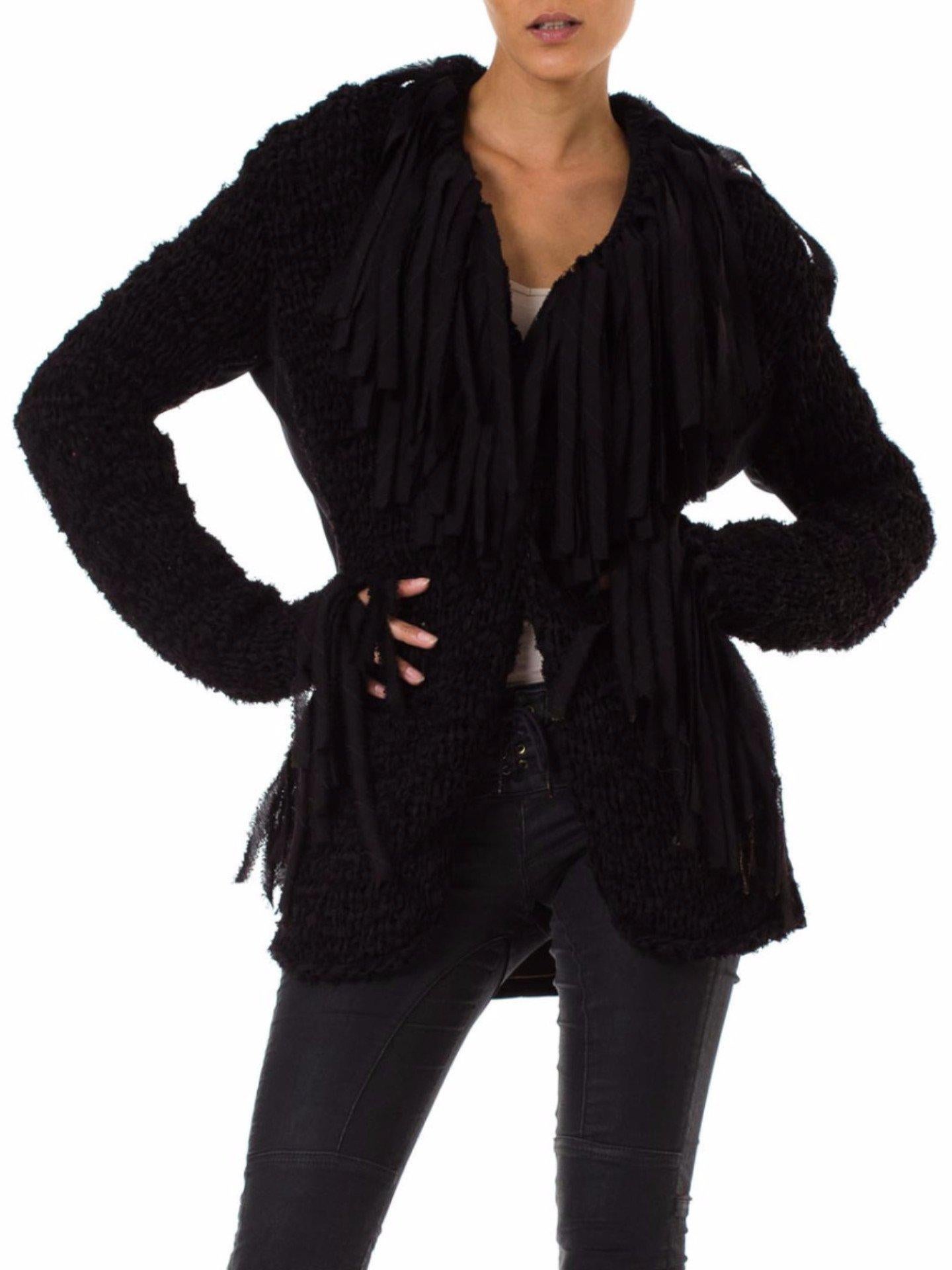 Black 1990S JEAN PAUL GAULTIER Dark Grey Wool Crochet Macrame Jacket With Fringe