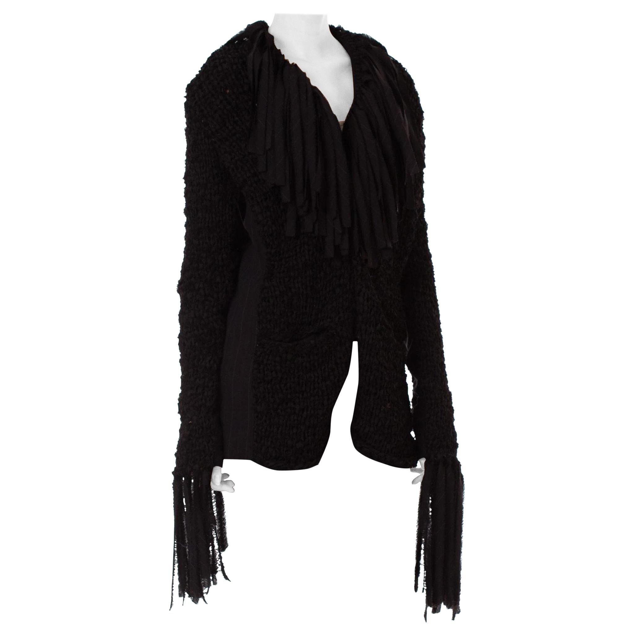 1990S JEAN PAUL GAULTIER Dark Grey Wool Crochet Macrame Jacket With Fringe