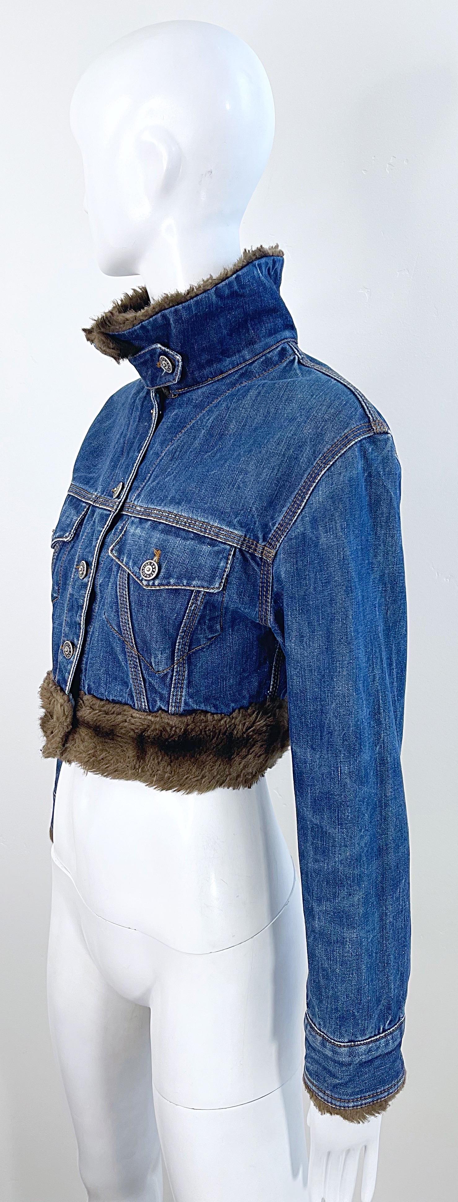 1990 Jean Paul Gaultier Faux Fur Denim Aviator Bomber Vintage 90s Crop Jacket en vente 6