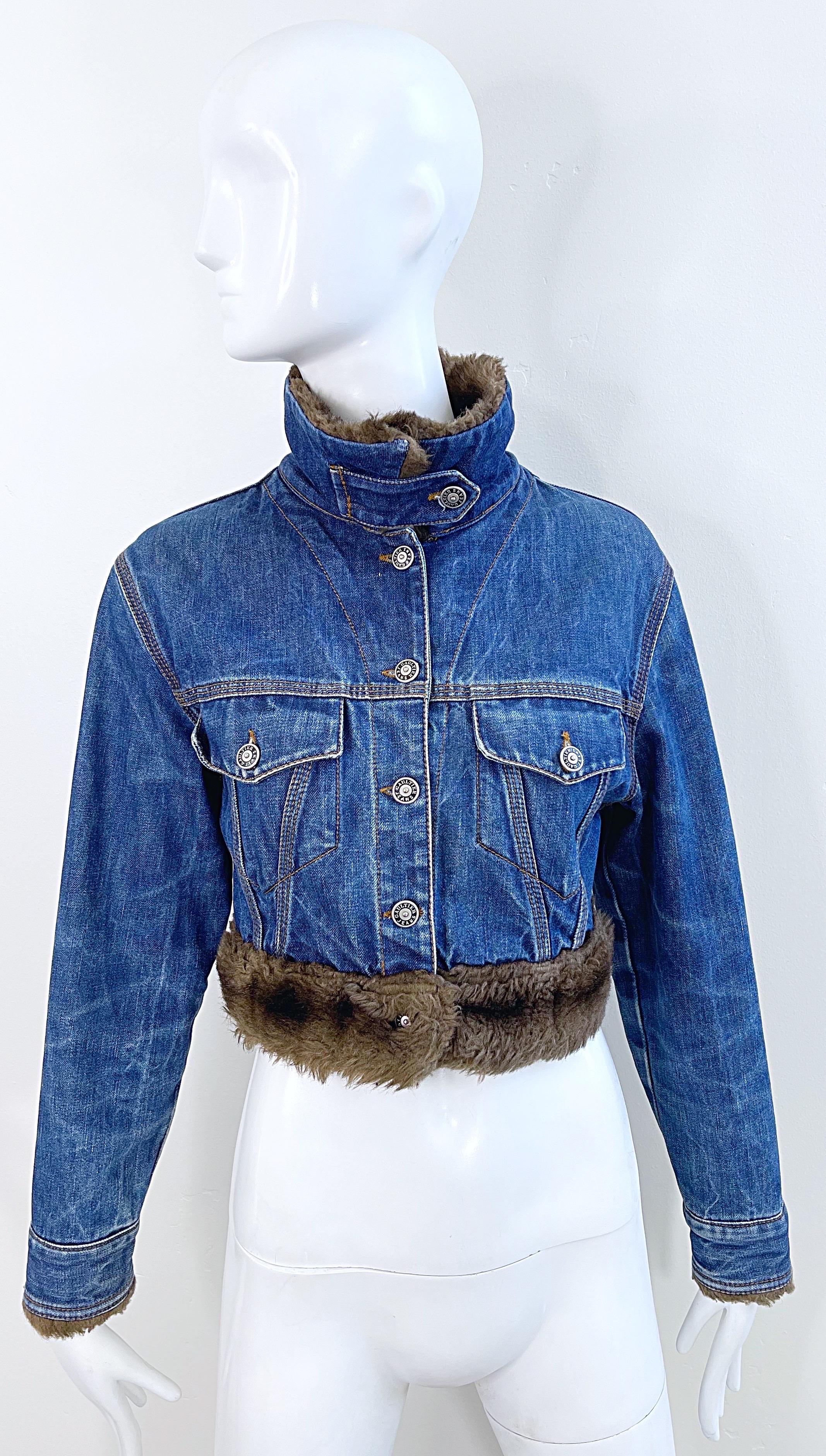 1990s Jean Paul Gaultier Faux Fur Denim Aviator Bomber Vintage 90s Crop Jacket In Excellent Condition For Sale In San Diego, CA