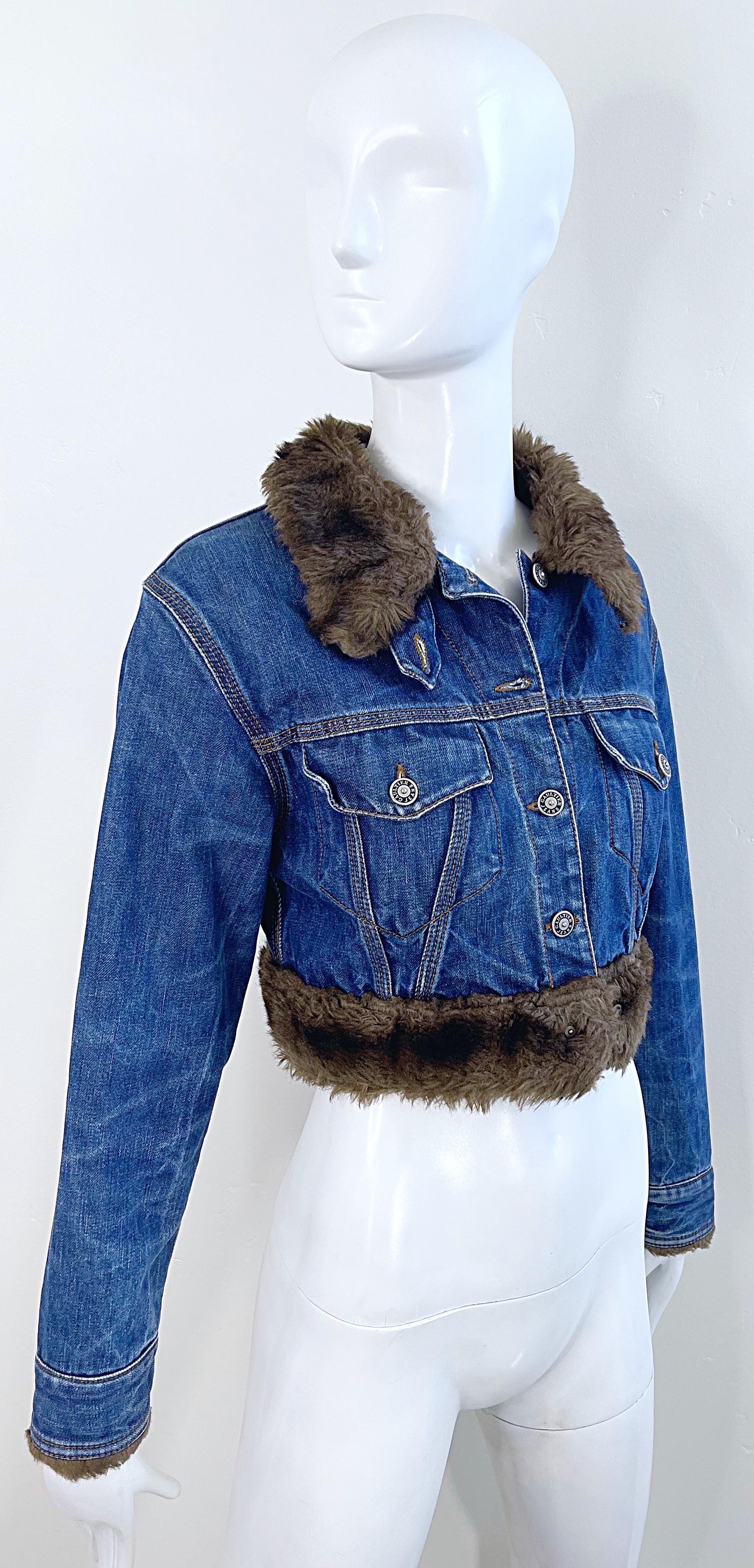 Women's 1990s Jean Paul Gaultier Faux Fur Denim Aviator Bomber Vintage 90s Crop Jacket For Sale