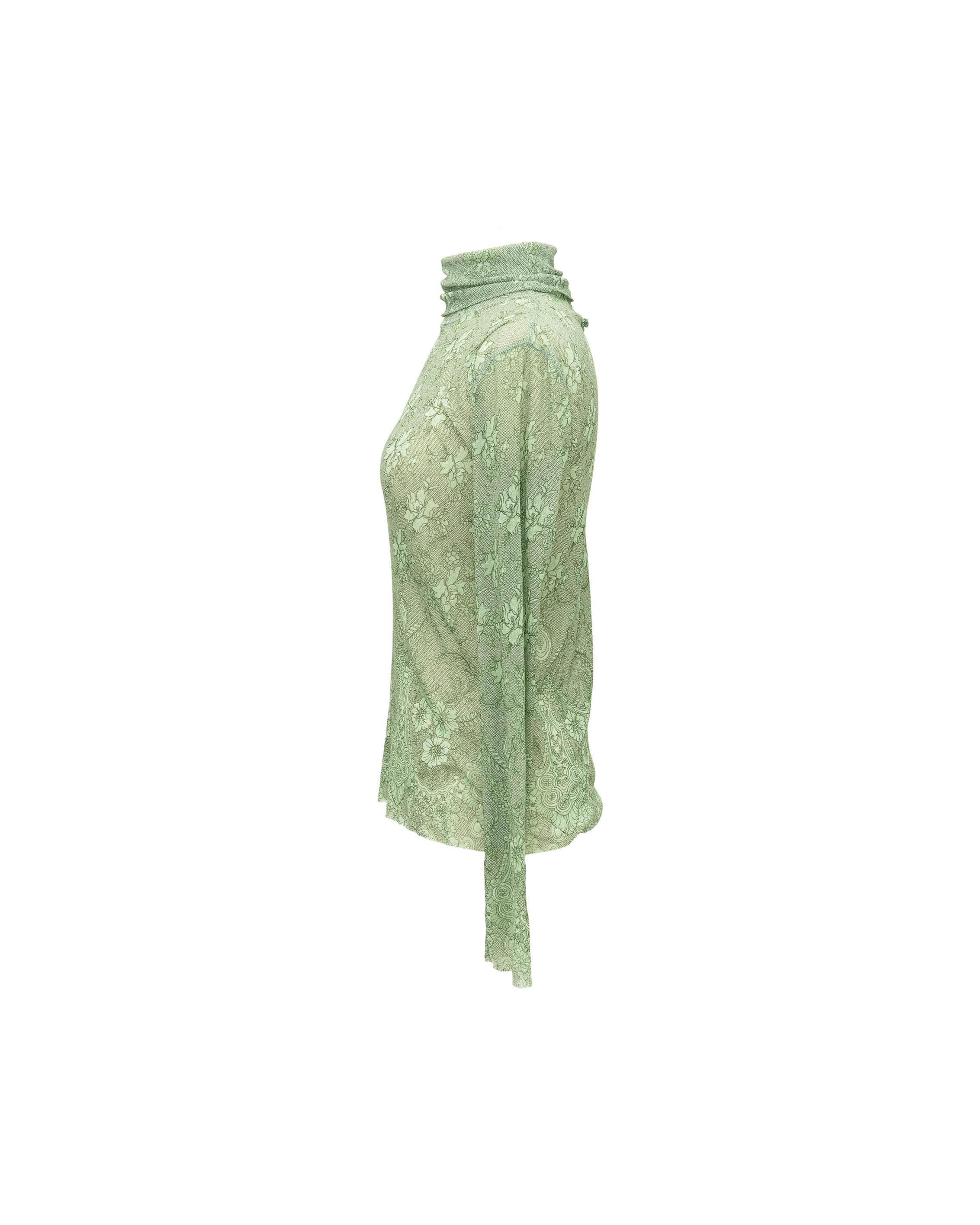 1990s Jean Paul Gaultier 'Soleil' lace and floral turtleneck long sleeve top in vibrant green and cream color way. The perfect stretchy, mesh layering top. Top is marked a size L, and fits size US 4 - 16 comfortably depending on desired fit.