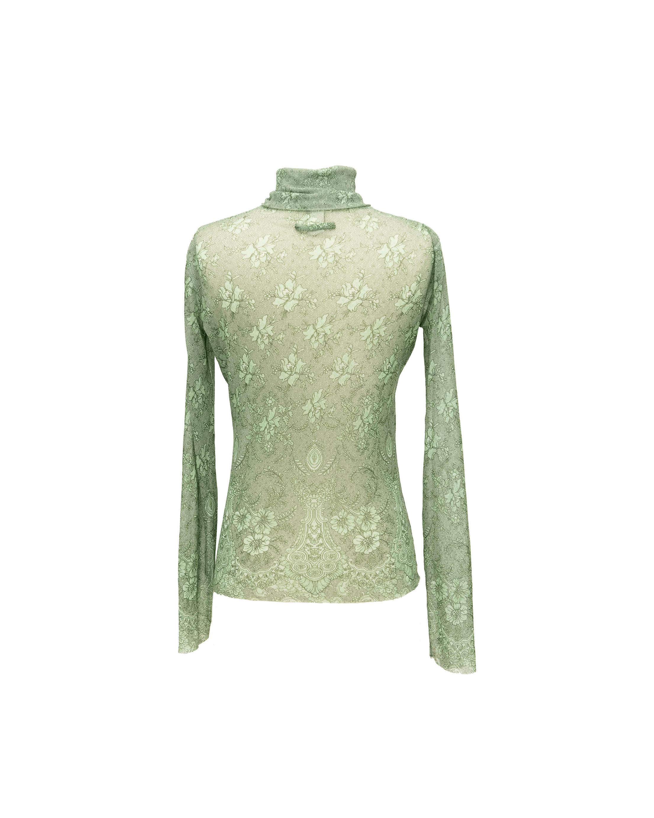 1990's Jean Paul Gaultier Green Patterned Mesh Turtleneck In Excellent Condition In North Hollywood, CA