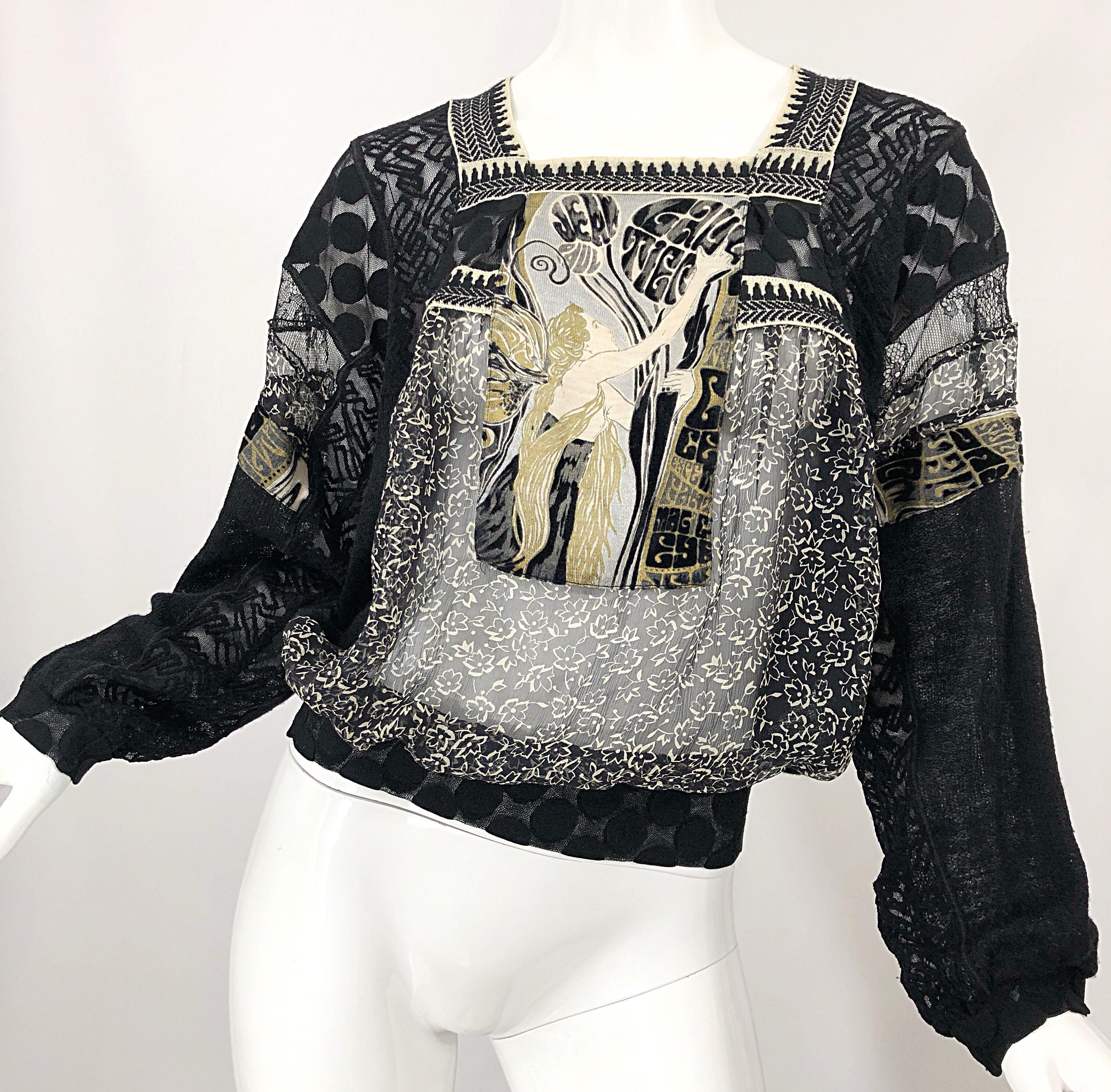 1990s Jean Paul Gaultier Hand Painted Rapunzel Print Black Vintage Sheer Shirt For Sale 3