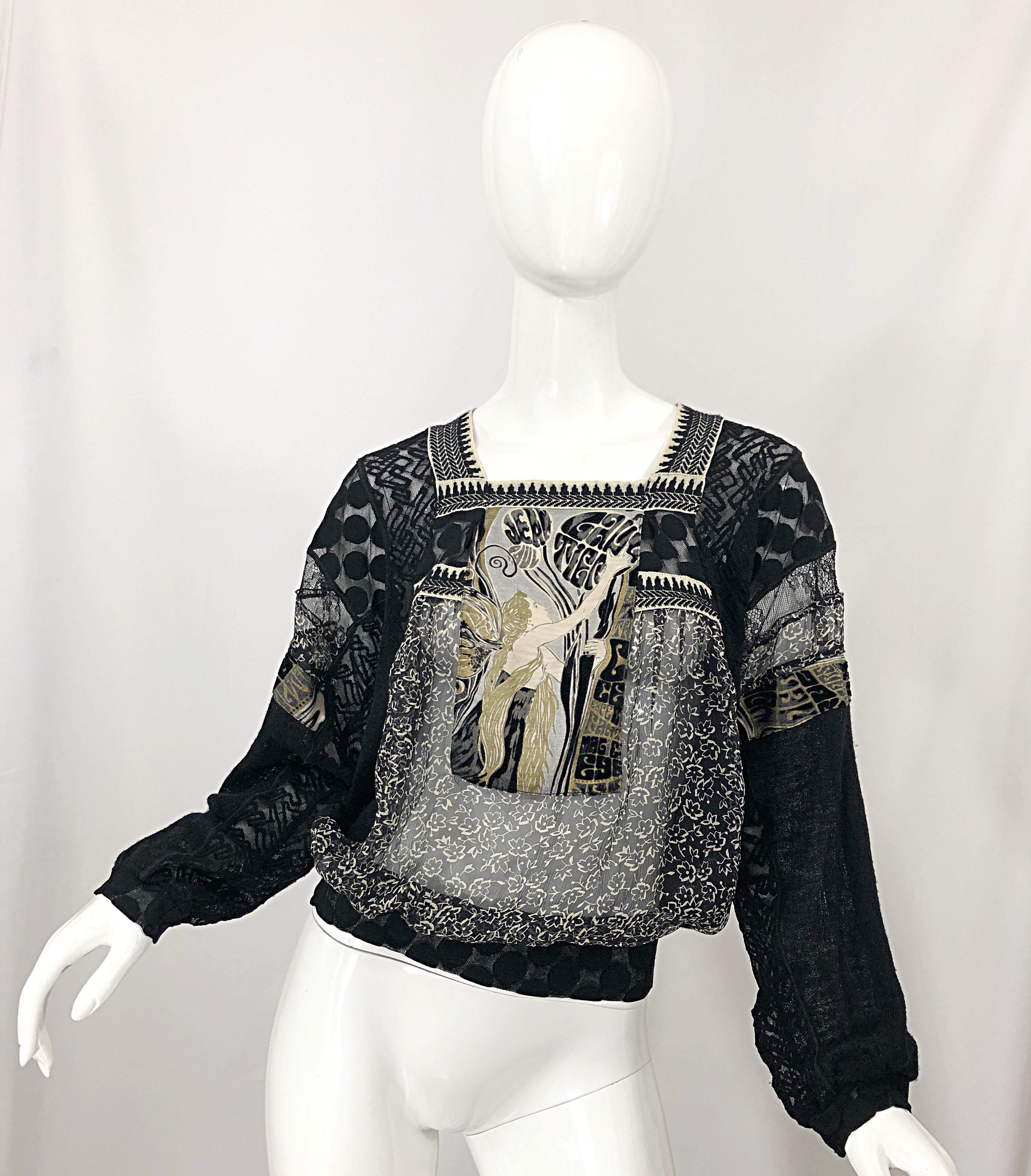 Incredible vintage 90s JEAN PAUL GAULTIER hand painted Rapunzel sheer top! Features a Rapunzel character hand painted in gold on the front. Sheer black and invory floral print sheer chiffon. Signature mesh fabric mixed throughout. Simply slips over