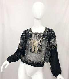 1990s Jean Paul Gaultier Hand Painted Rapunzel Print Black Vintage Sheer Shirt