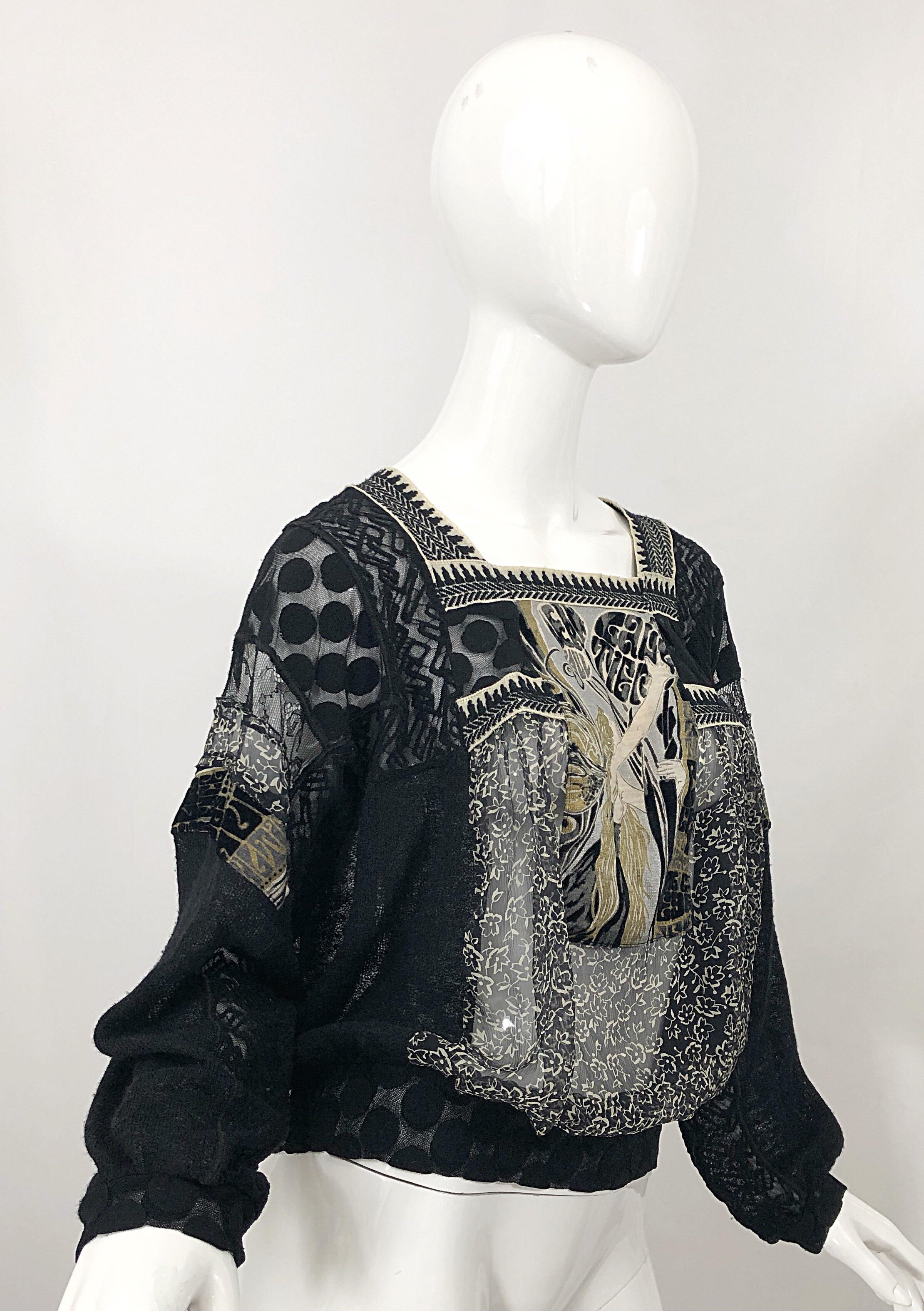 1990s Jean Paul Gaultier Hand Painted Rapunzel Print Black Vintage Sheer Shirt In Excellent Condition For Sale In San Diego, CA