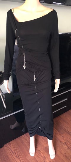 1990's Jean Paul Gaultier Knit Semi-Sheer Chain Lace Up Black Skirt Set 2 Piece