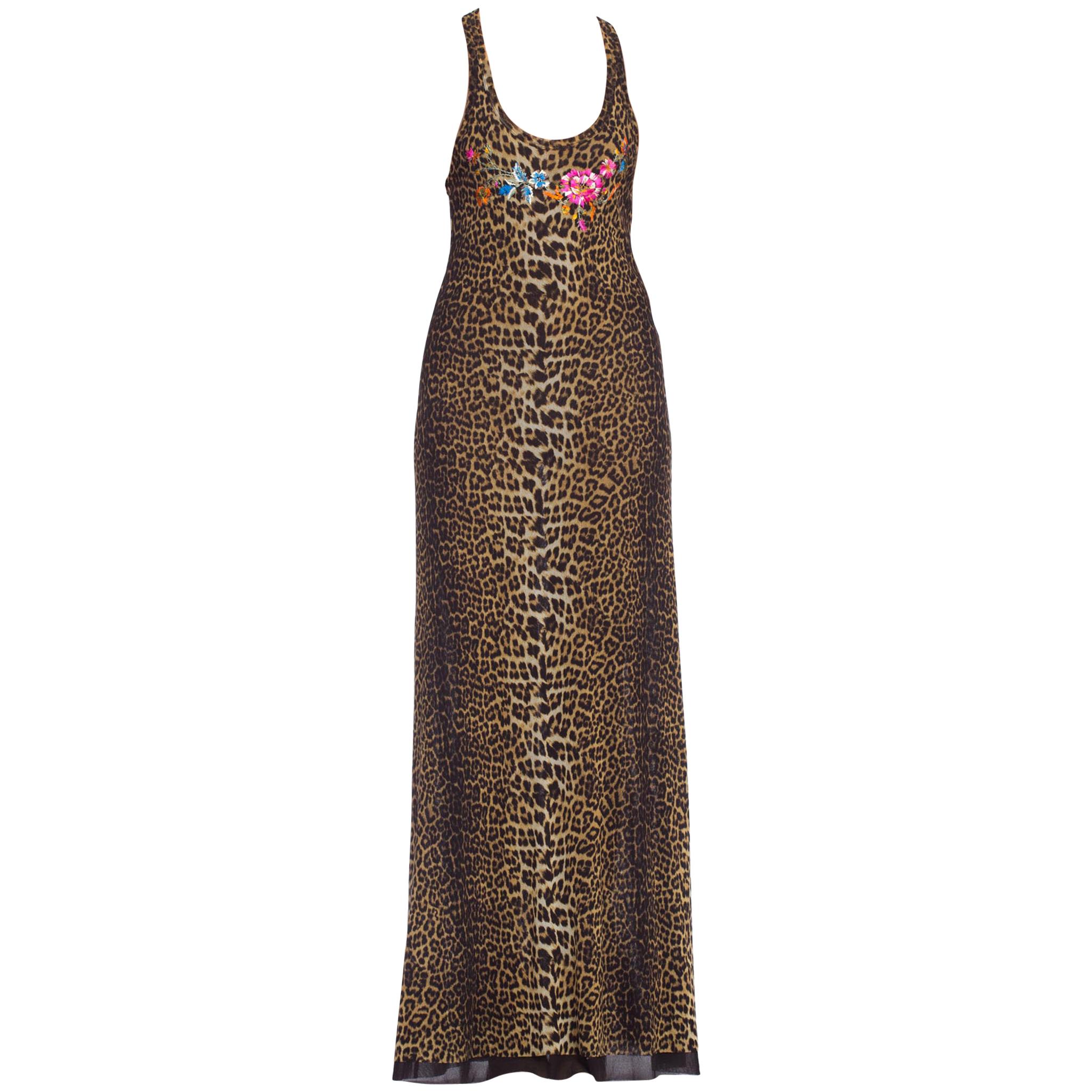 1990's Jean Paul Gaultier Leopard Print Maxi Dress With Floral Embroidery