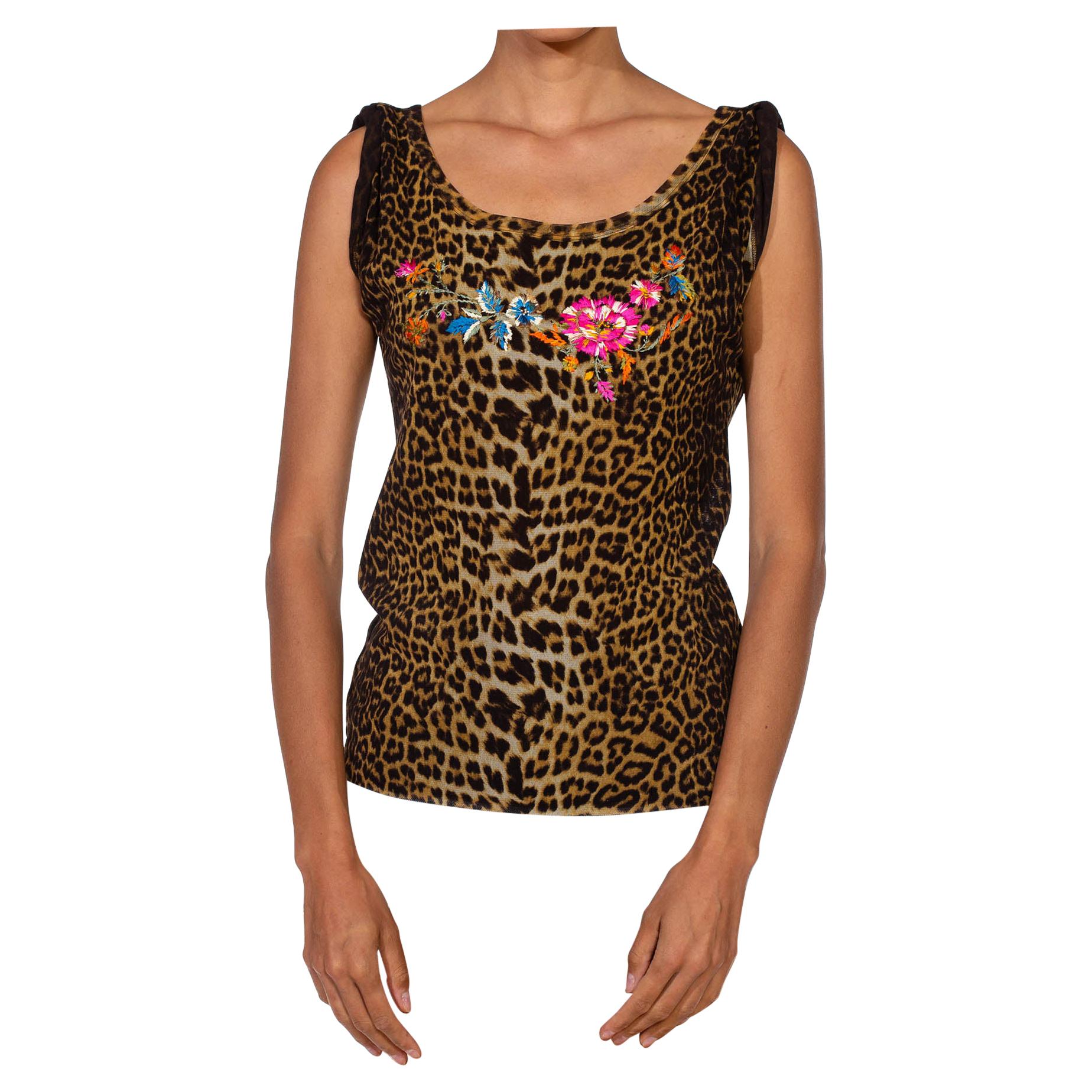 1990S JEAN PAUL GAULTIER Leopard Print Mesh Floral Embroidered Shell Top For Sale