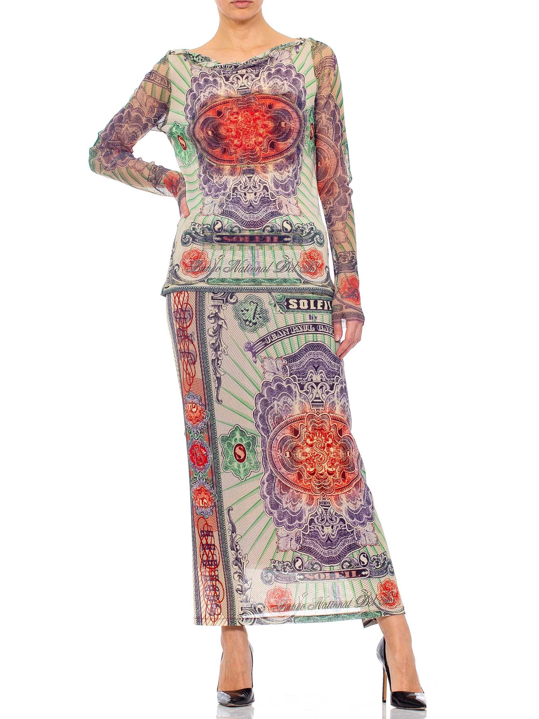 Brown 1990S JEAN PAUL GAULTIER Poly Blend Mesh Iconic Money Print Wrap Skirt & Top En