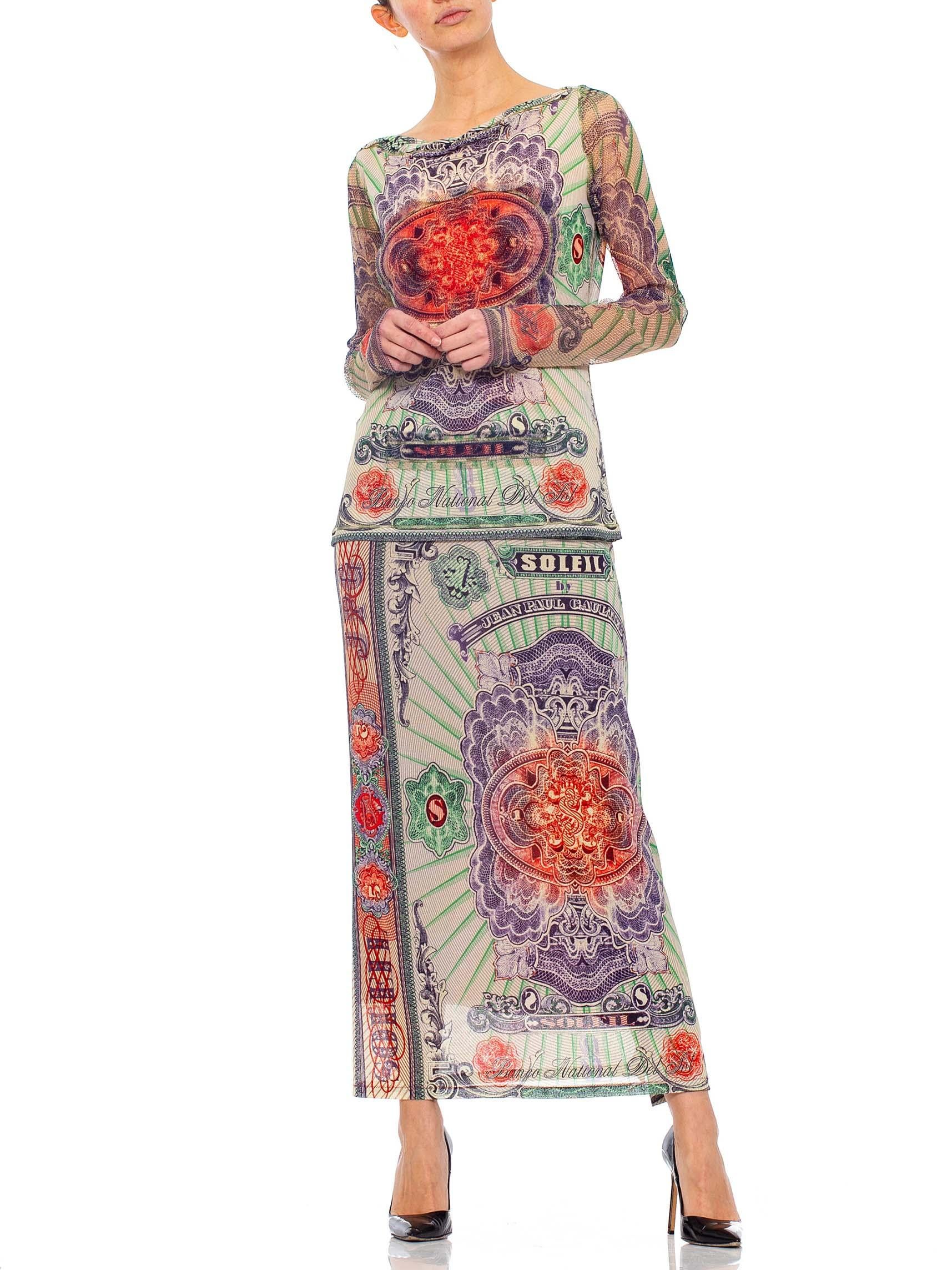 1990S JEAN PAUL GAULTIER Poly Blend Mesh Iconic Money Print Wrap Skirt & Top En In Excellent Condition In New York, NY