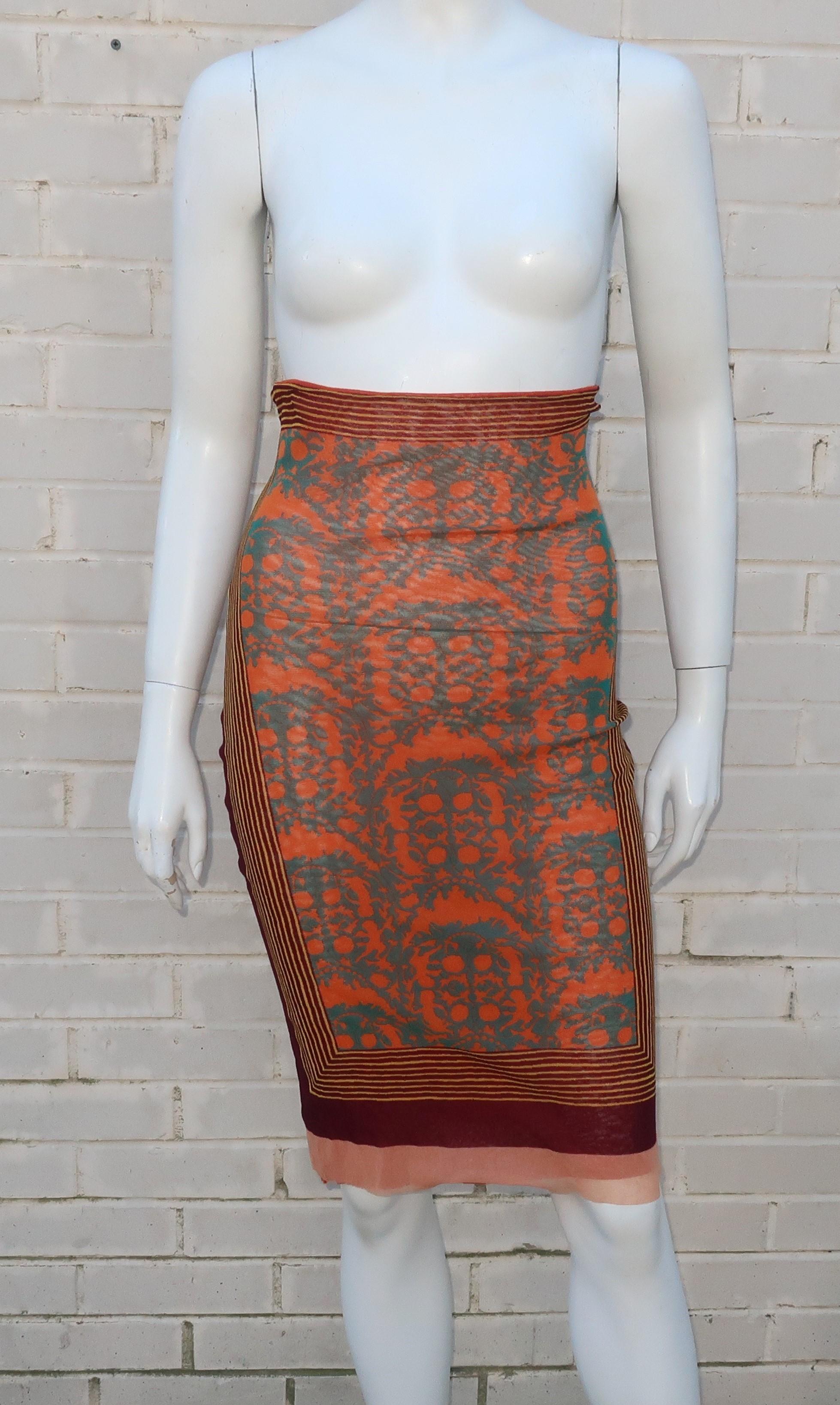 Brown 1990’s Jean Paul Gaultier Mesh Tattoo High Waist Skirt