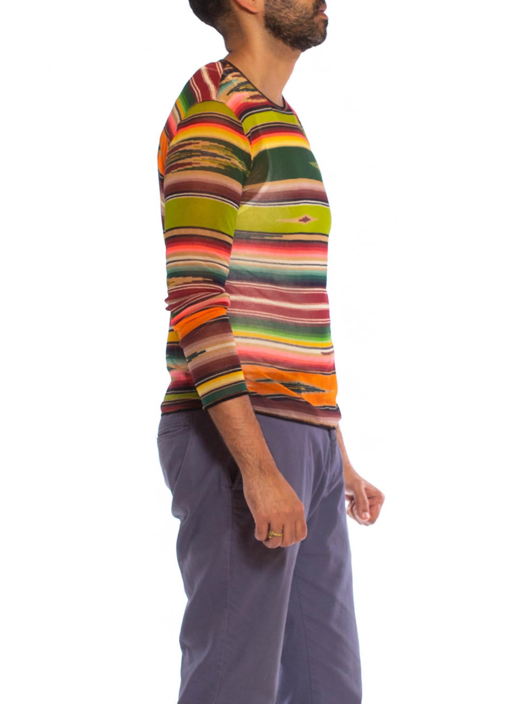 Brown 1990S JEAN PAUL GAULTIER Multicolor Serape Stripe Poly Blend Mesh Shirt