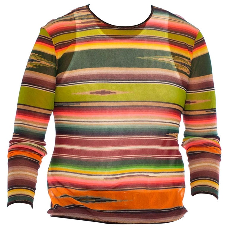 1990S JEAN PAUL GAULTIER Multicolor Serape Stripe Poly Blend Mesh Shirt