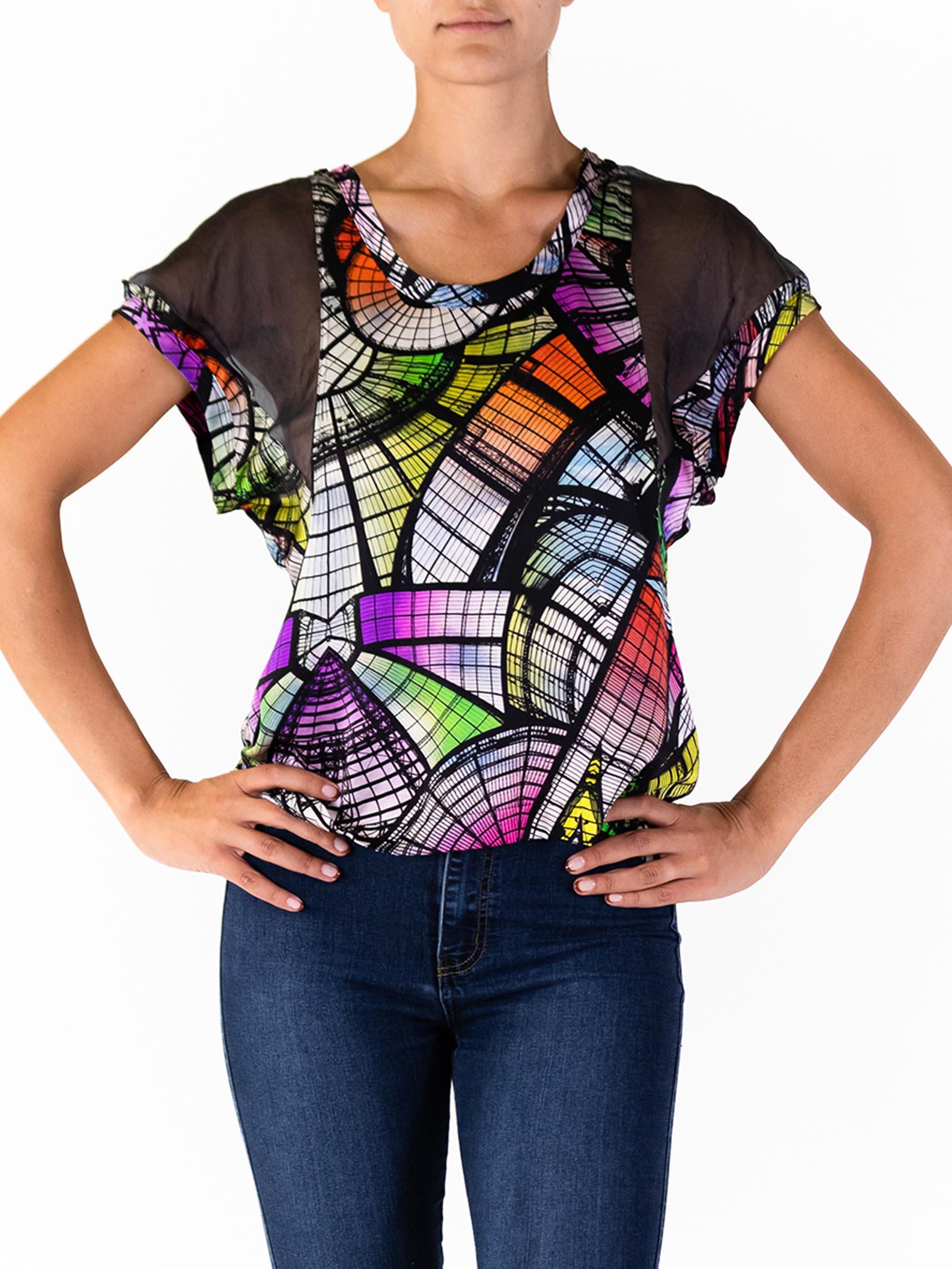 1990S JEAN PAUL GAULTIER Multicolor Silk Organza The Grand Palais Print Top In Excellent Condition For Sale In New York, NY