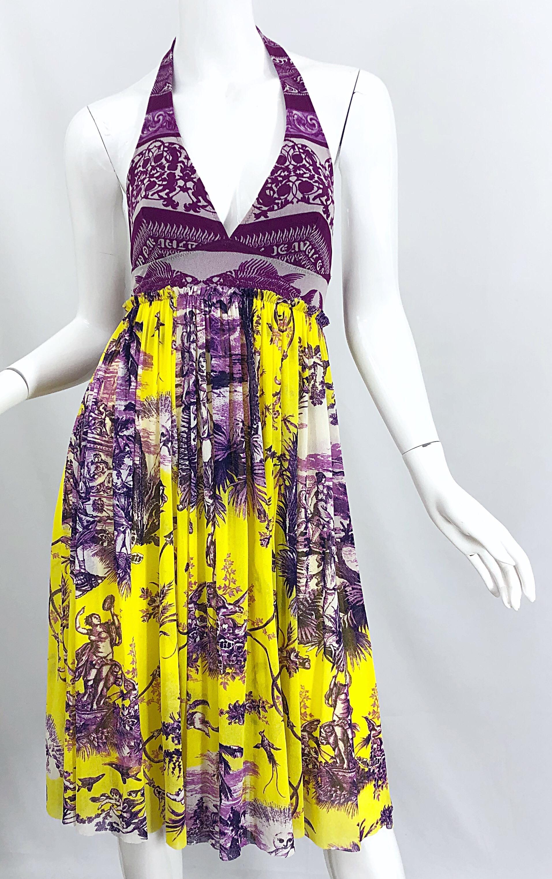 1990s Jean Paul Gaultier Cherub Print Yellow and Purple Vintage Halter Dress For Sale 2