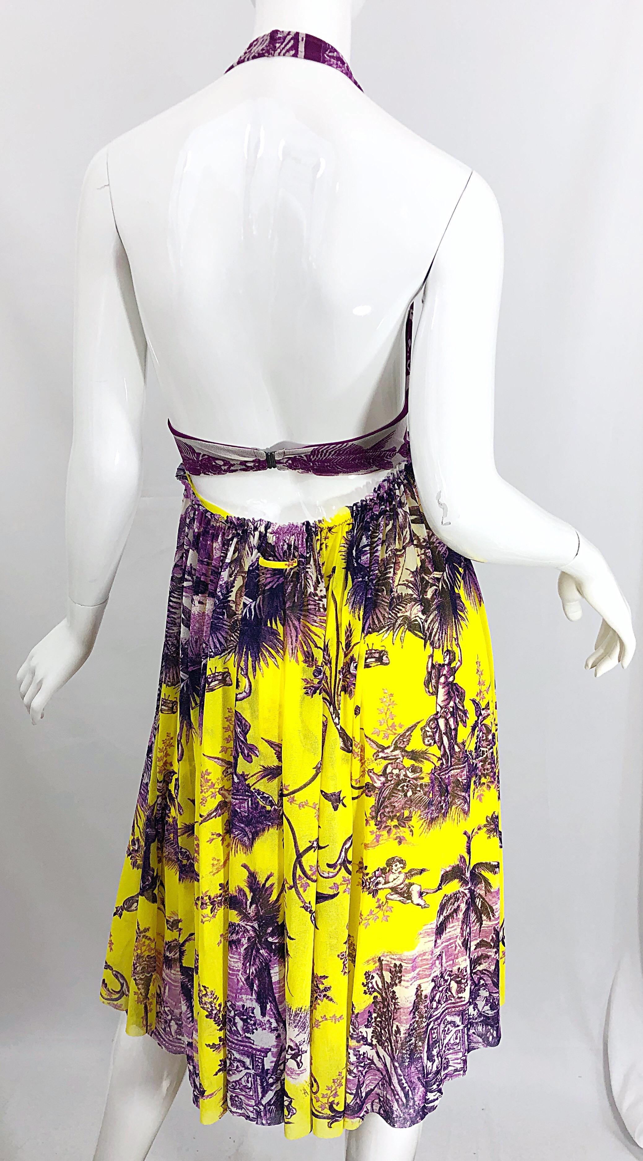 1990s Jean Paul Gaultier Cherub Print Yellow and Purple Vintage Halter Dress For Sale 3