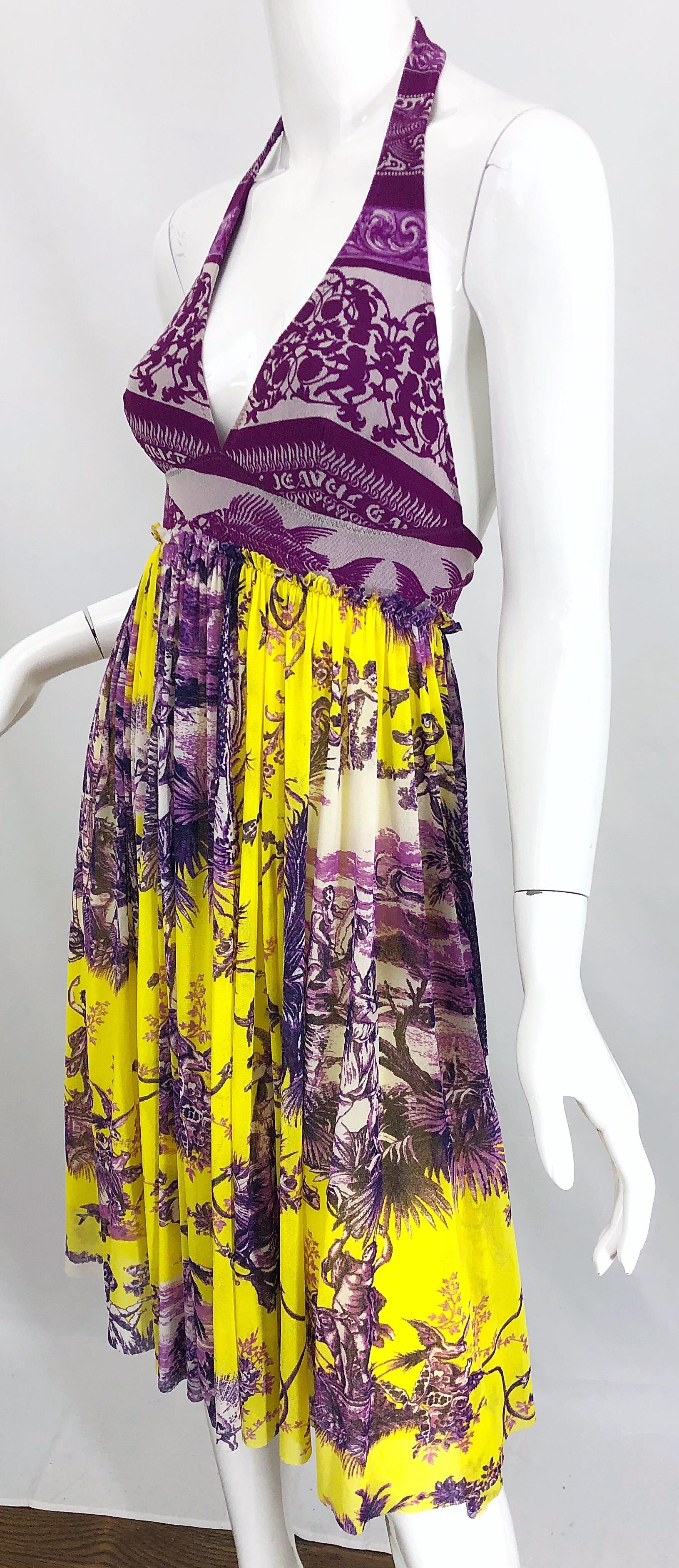 1990s Jean Paul Gaultier Cherub Print Yellow and Purple Vintage Halter Dress For Sale 4