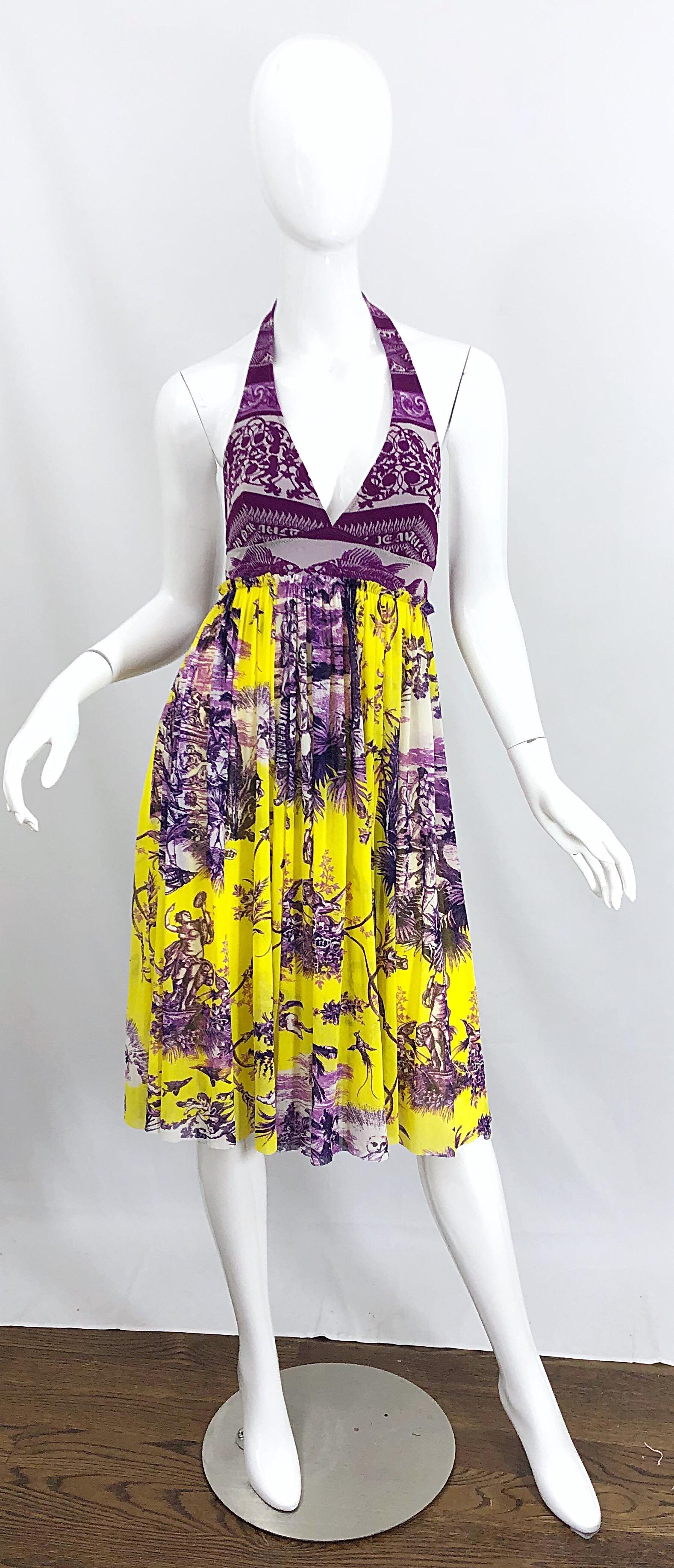 1990s Jean Paul Gaultier Cherub Print Yellow and Purple Vintage Halter Dress For Sale 6