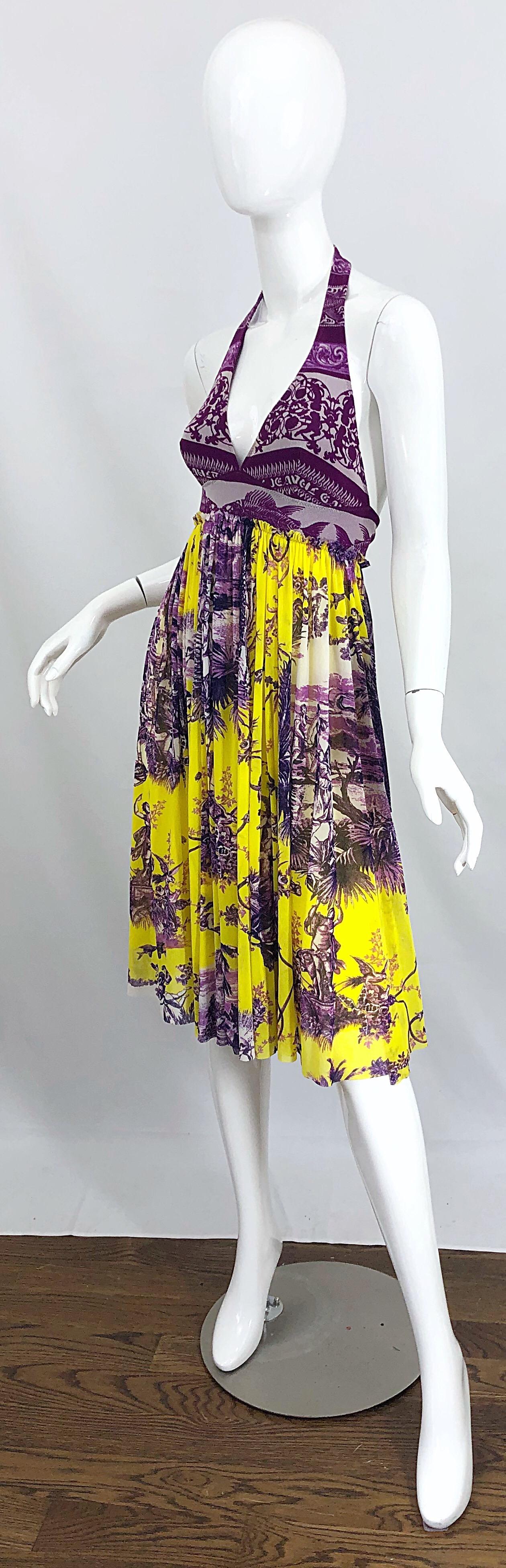 Beige 1990s Jean Paul Gaultier Cherub Print Yellow and Purple Vintage Halter Dress For Sale