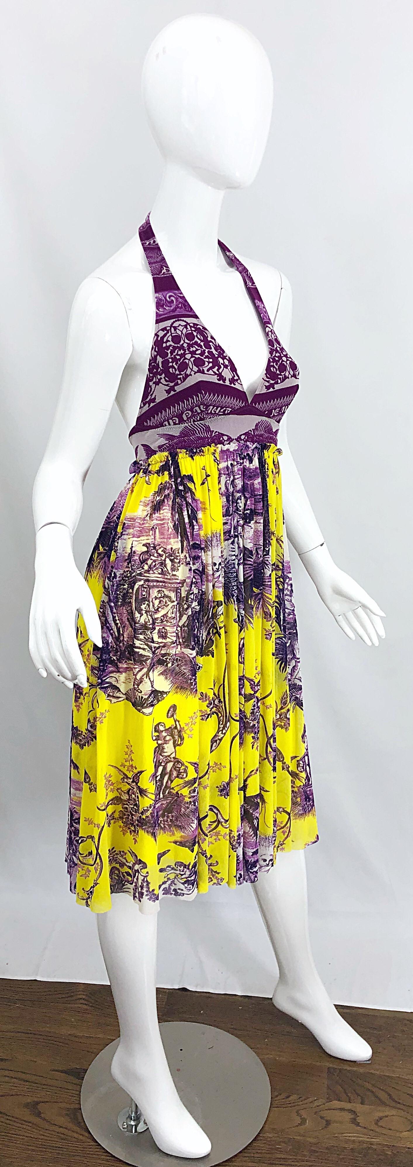 1990s Jean Paul Gaultier Cherub Print Yellow and Purple Vintage Halter Dress In Excellent Condition For Sale In San Diego, CA
