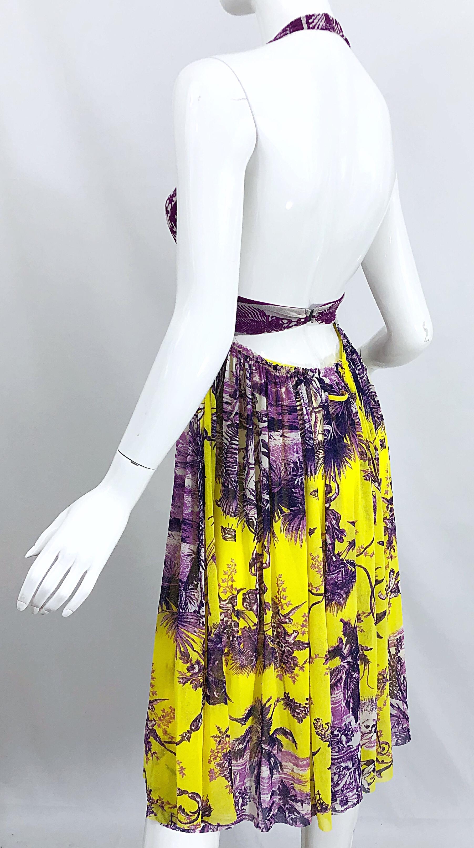 1990s Jean Paul Gaultier Cherub Print Yellow and Purple Vintage Halter Dress For Sale 1