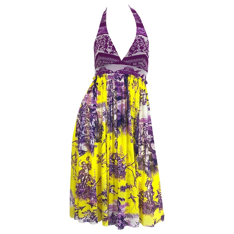 1990s Jean Paul Gaultier Cherub Print Yellow and Purple Vintage Halter Dress For Sale
