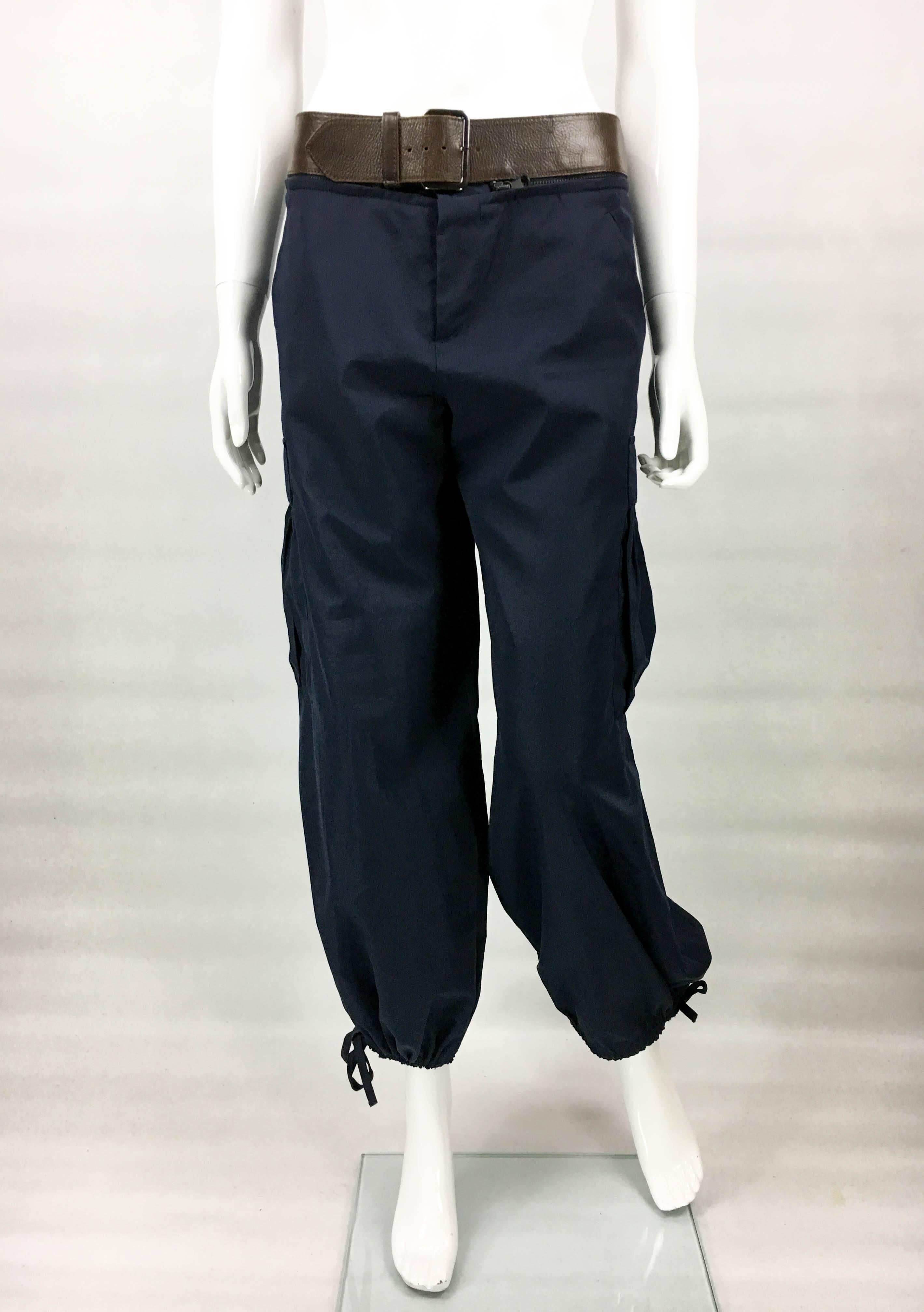 Black Jean Paul Gaultier Navy Blue Nylon Cargo Pants With Detachable Belt, 1990s  For Sale