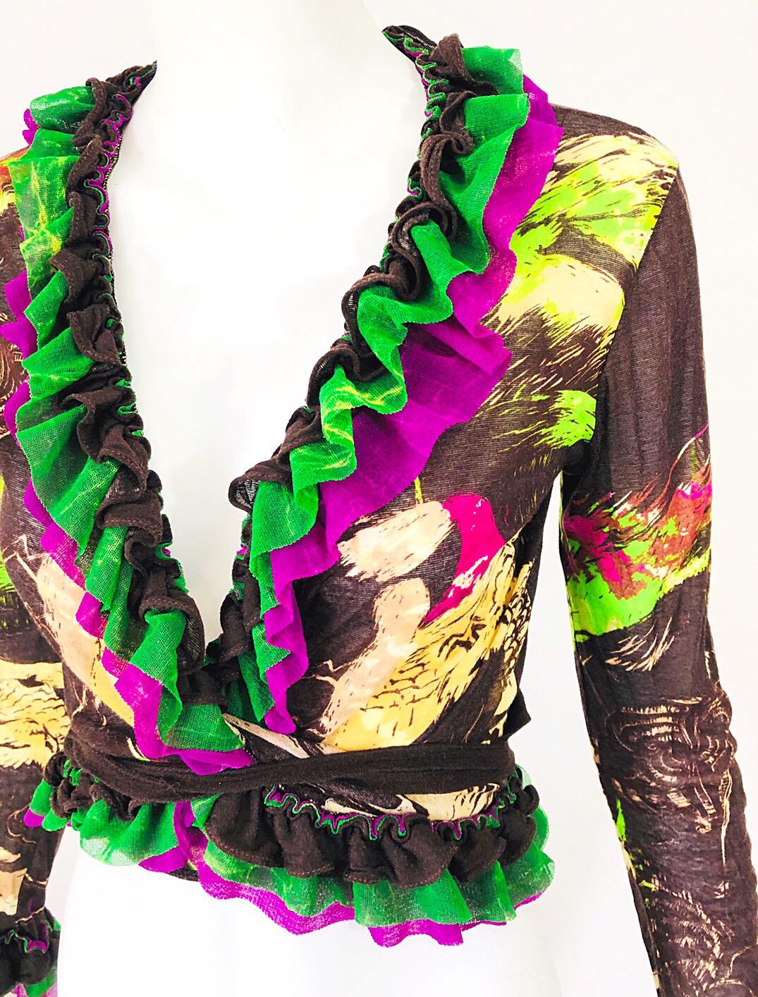 Black 1990s Jean Paul Gaultier Novelty Face Print Vintage Wrap Crop Top Cardigan Shirt