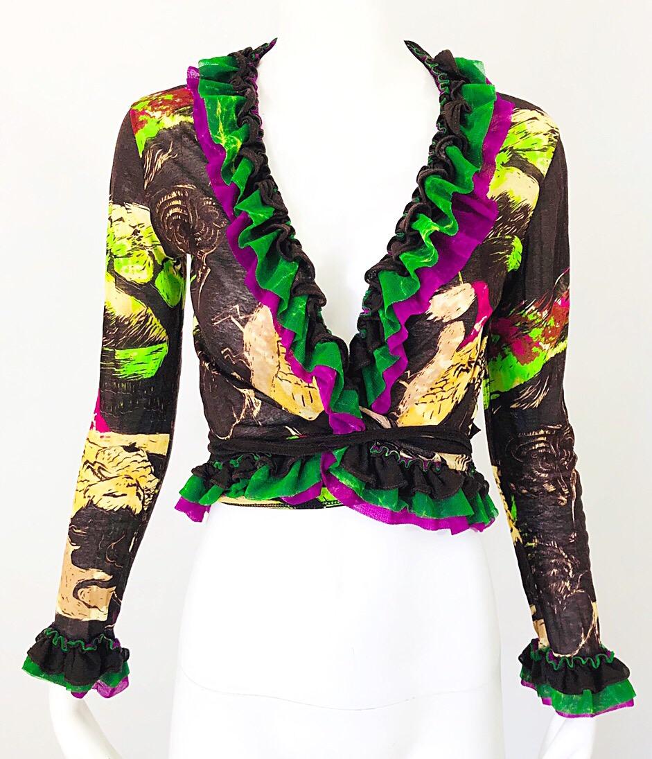 Women's 1990s Jean Paul Gaultier Novelty Face Print Vintage Wrap Crop Top Cardigan Shirt