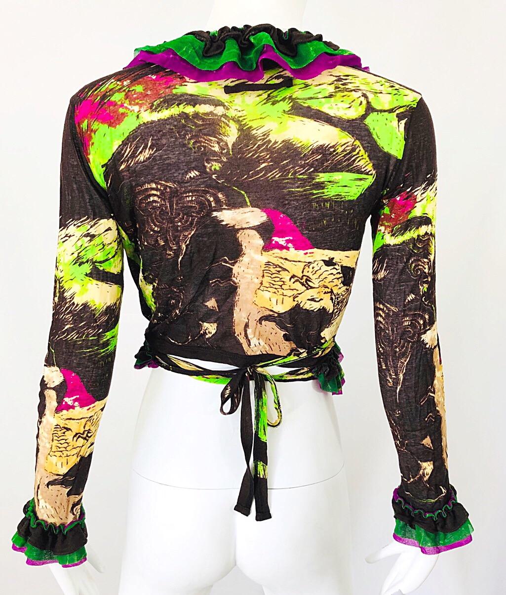 1990s Jean Paul Gaultier Novelty Face Print Vintage Wrap Crop Top Cardigan Shirt 1