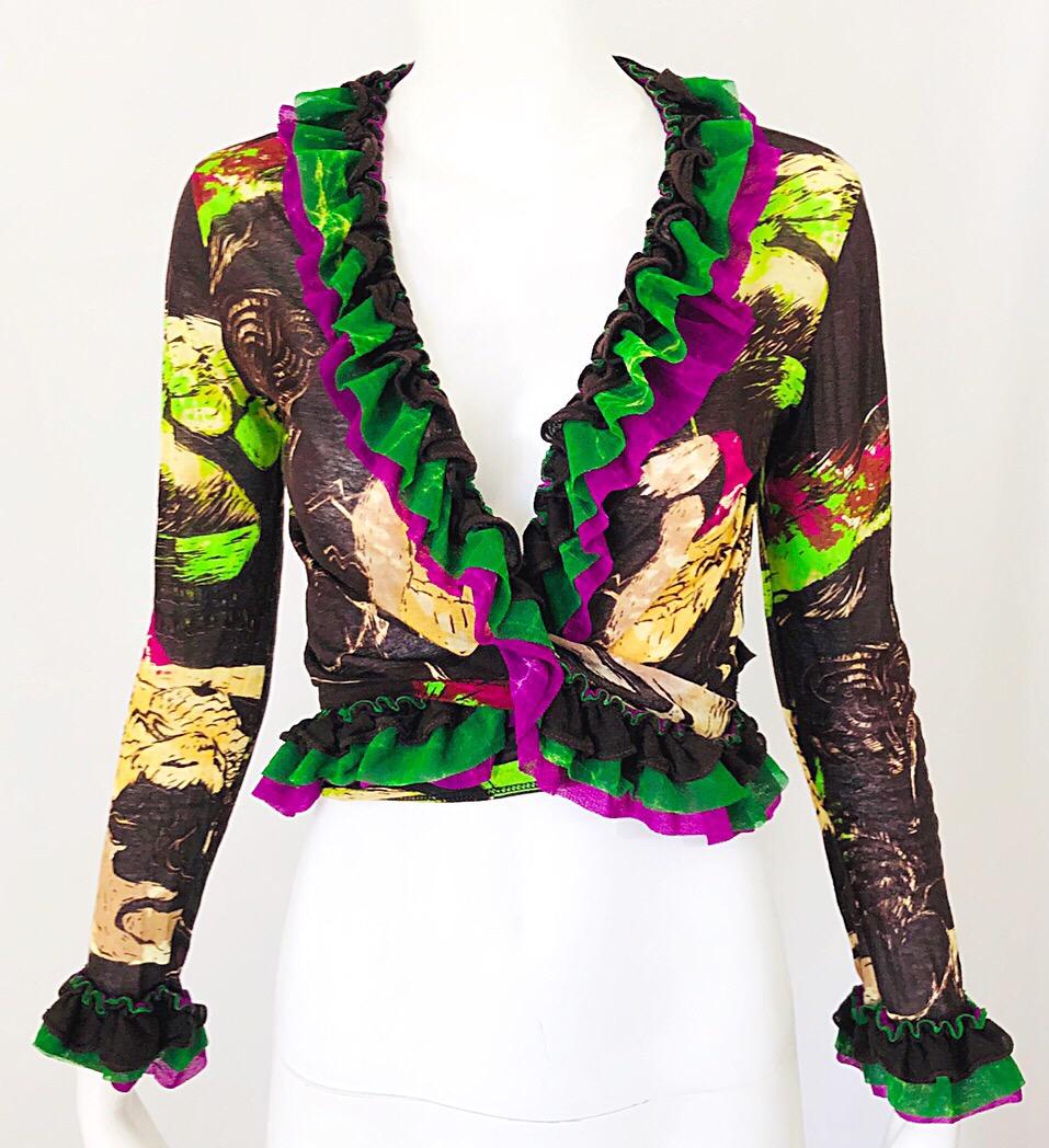 1990s Jean Paul Gaultier Novelty Face Print Vintage Wrap Crop Top Cardigan Shirt 2