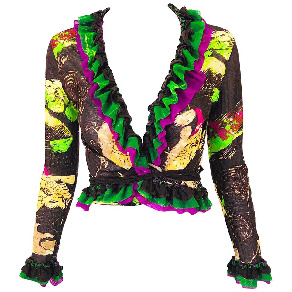 1990s Jean Paul Gaultier Novelty Face Print Vintage Wrap Crop Top Cardigan Shirt
