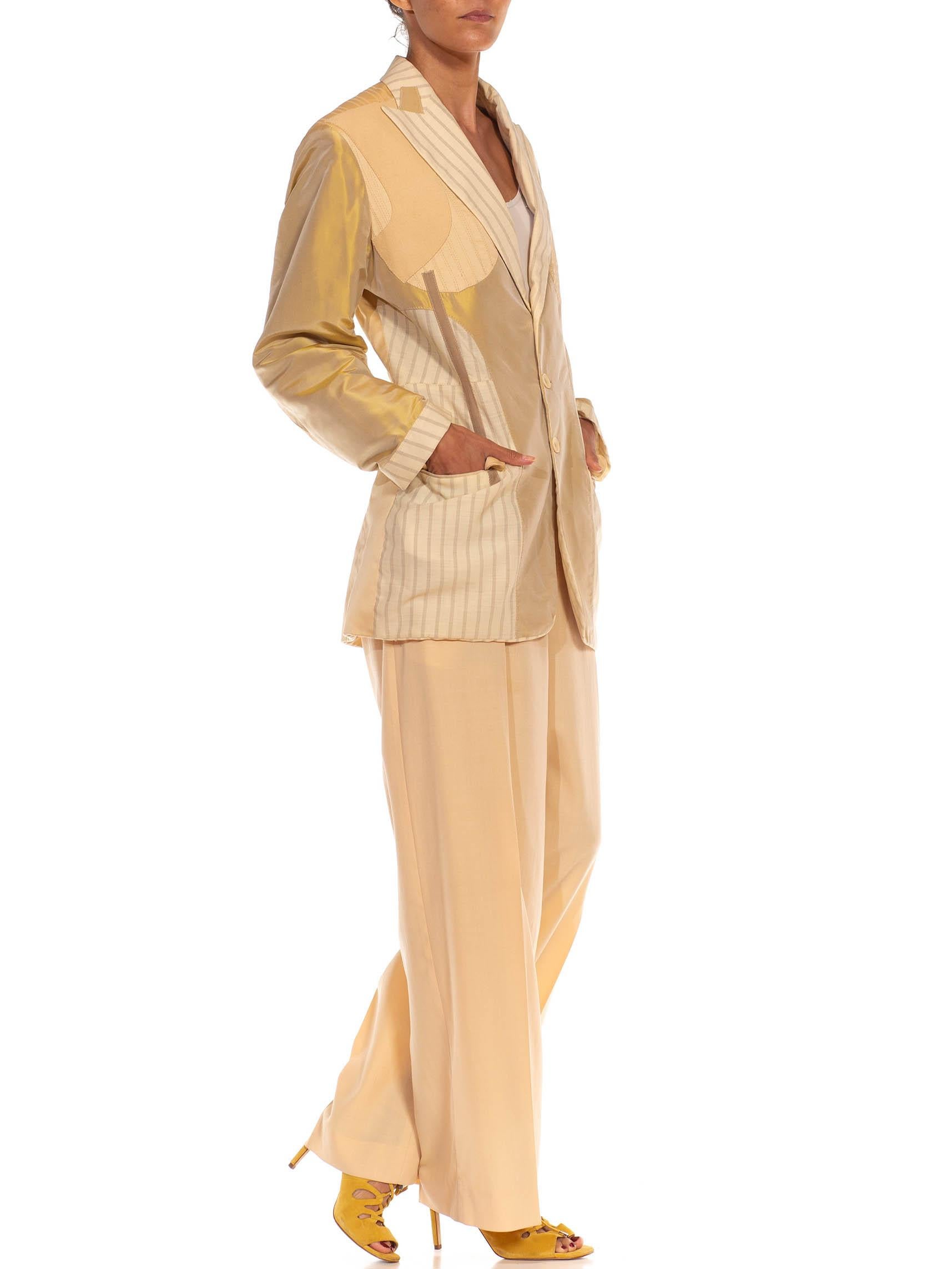 1990S JEAN PAUL GAULTIER Peach & Cream Wool Taffeta Patchwork Suit In Excellent Condition For Sale In New York, NY