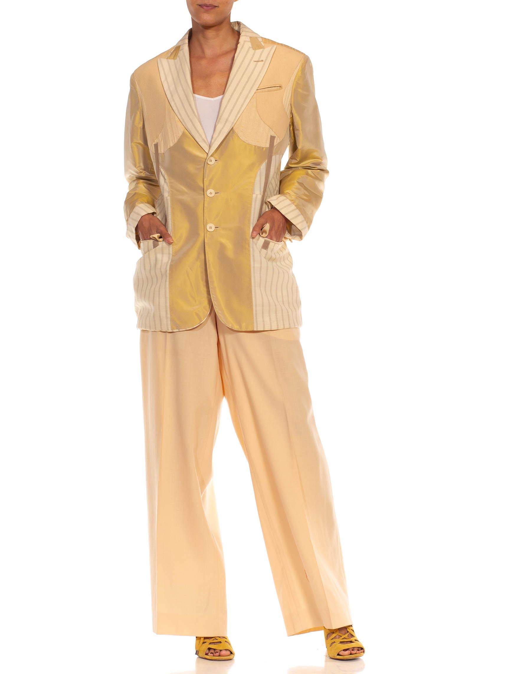 Men's 1990S JEAN PAUL GAULTIER Peach & Cream Wool Taffeta Patchwork Suit For Sale