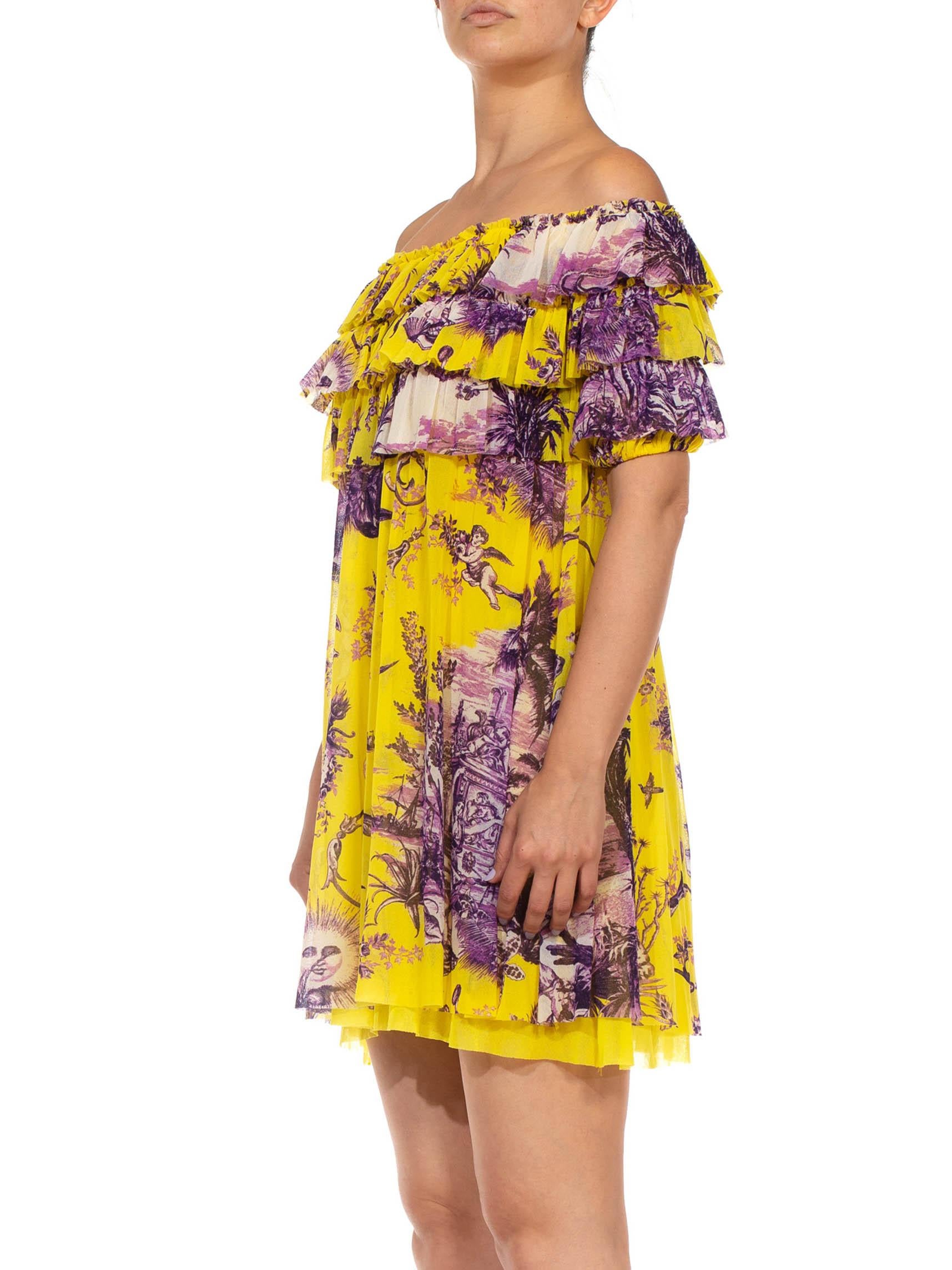 Brown 1990S JEAN PAUL GAULTIER Purple & Yellow Mesh Flirty Summer Toile Floral Dress