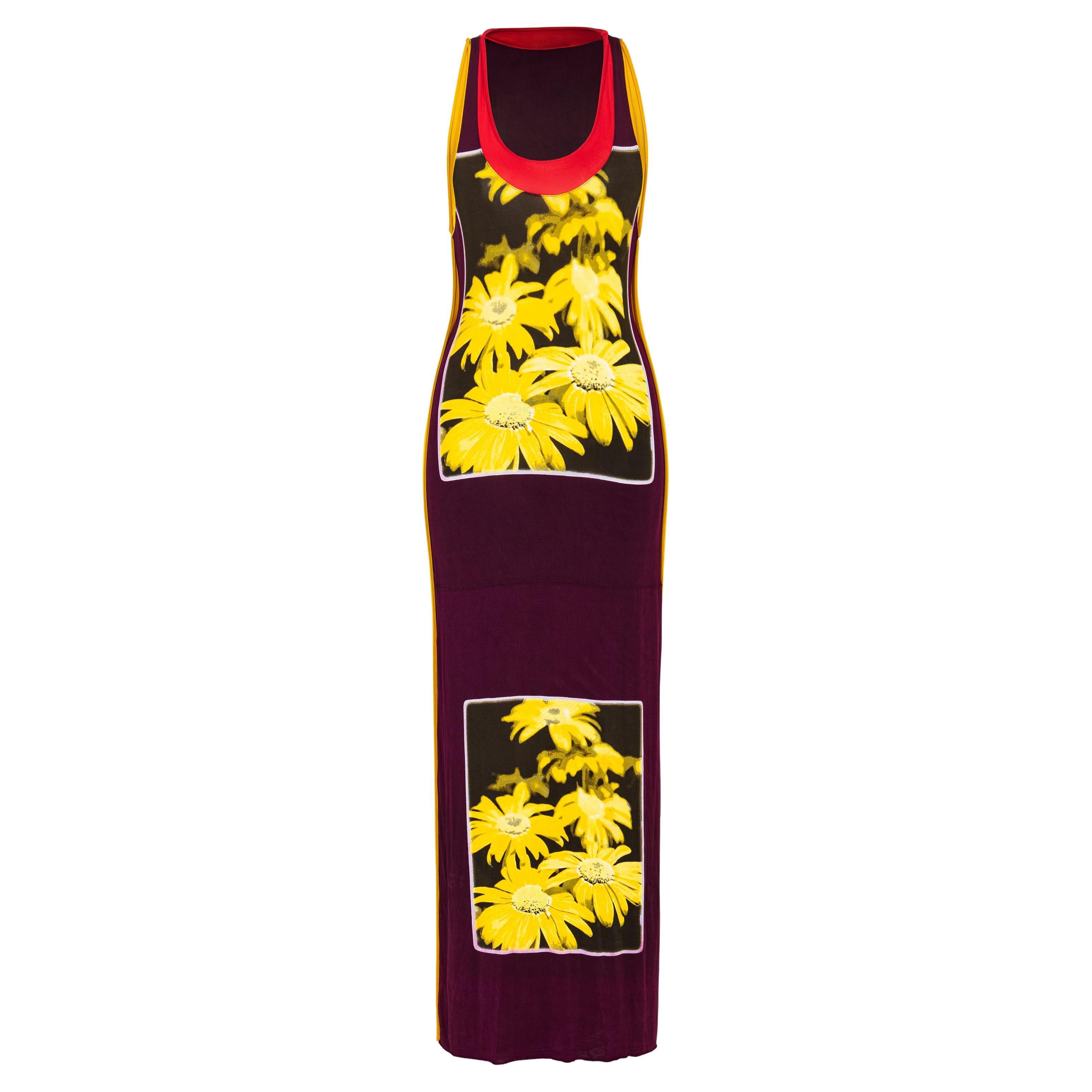 1990's Jean Paul Gaultier Scoop Neck Floral Print Jersey Maxi Dress