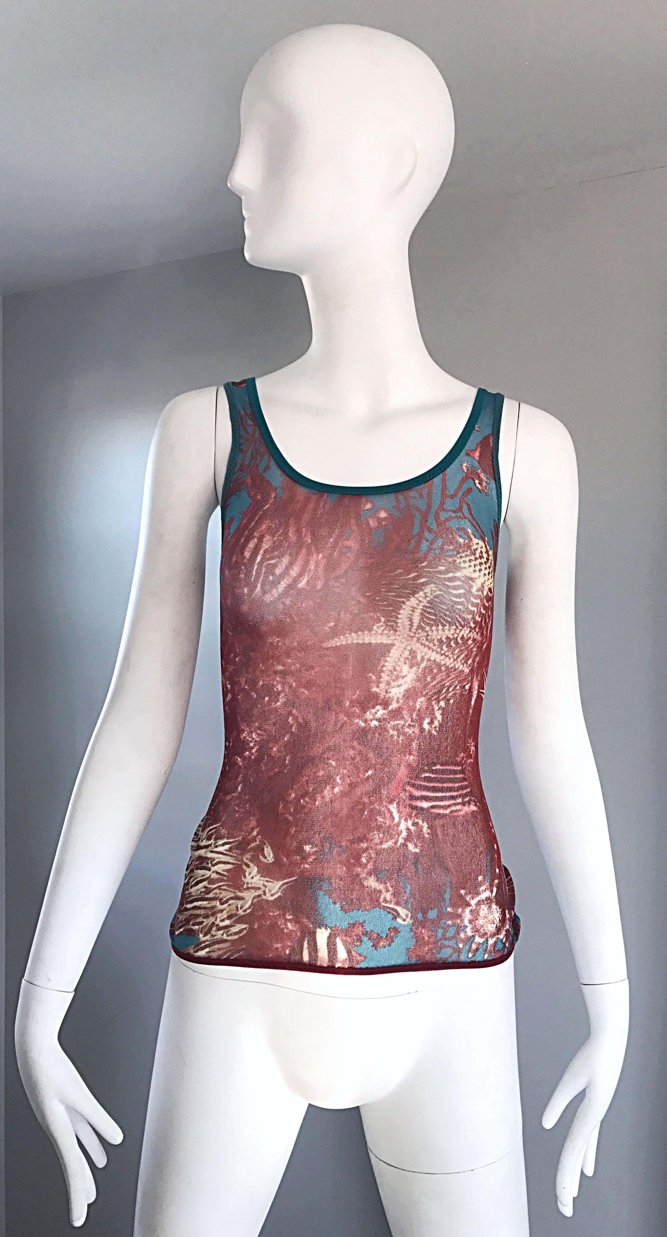 Brown 1990s Jean Paul Gaultier Sea Life Novelty Signature Semi Sheer Mesh Tank Top