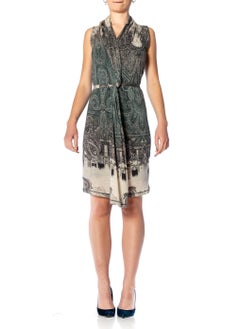 1990S JEAN PAUL GAULTIER Seafoam Green & Gray Wool Paisley Sleeveless Dress Wit