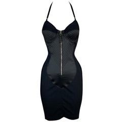 Vintage 1990's Jean Paul Gaultier Sheer Black Cone Bra Halter Wiggle Mini Dress