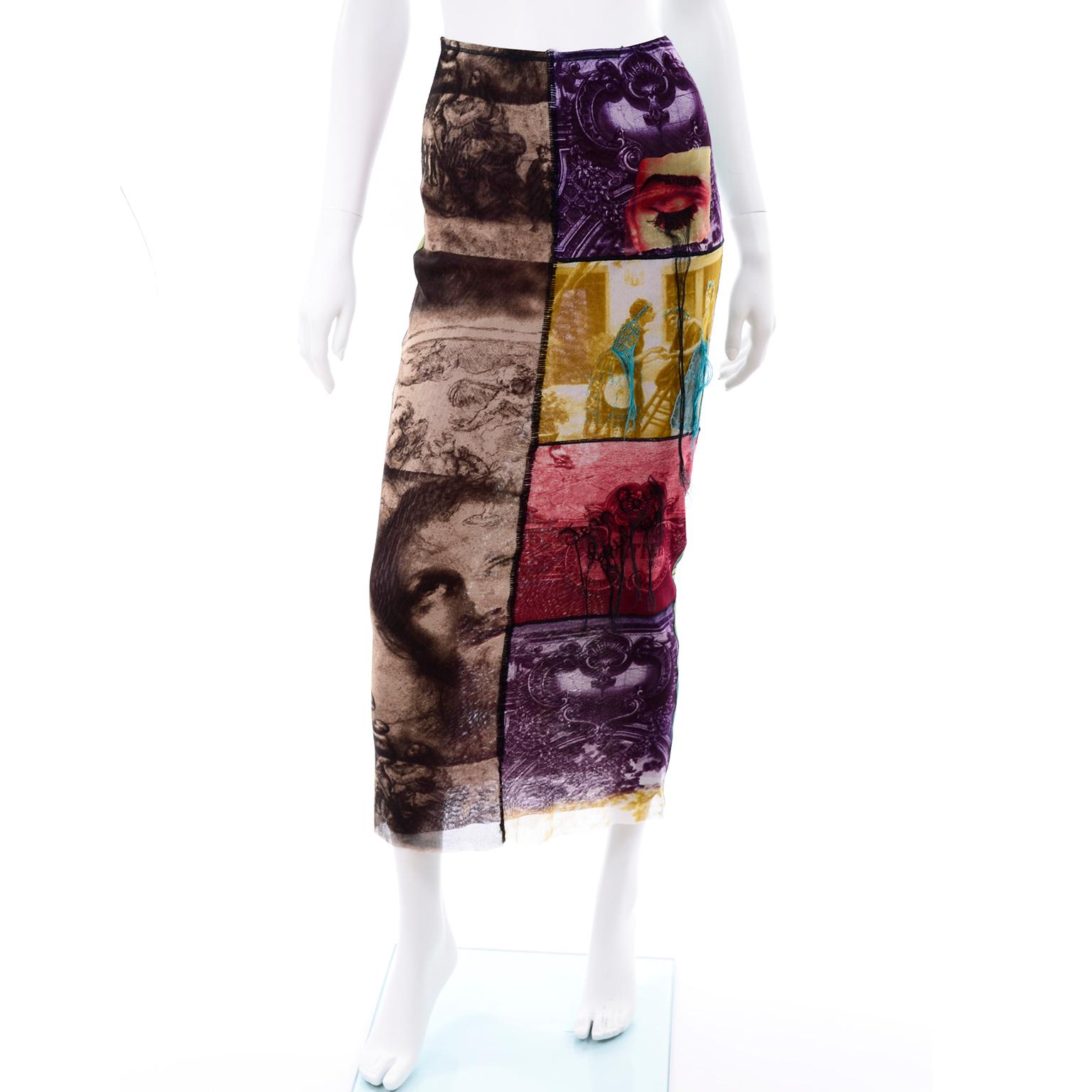 This Jean Paul Gaultier vintage skirt is from the 1990's and is made of a printed mesh fabric. The skirt has images from the bible as well as enlarged photo images from nature.  The skirt can even be worn as a strapless dress and is a great piece
