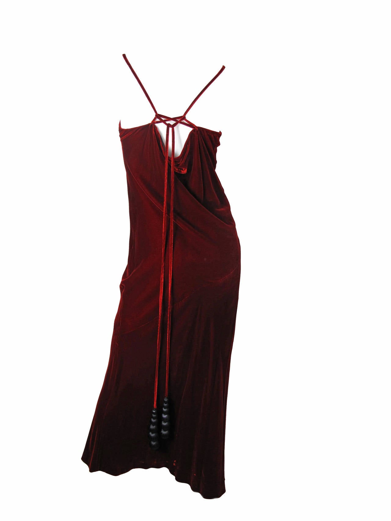Red 1990s Jean Paul Gaultier Velvet Gown with Large Fabric Beads For Sale