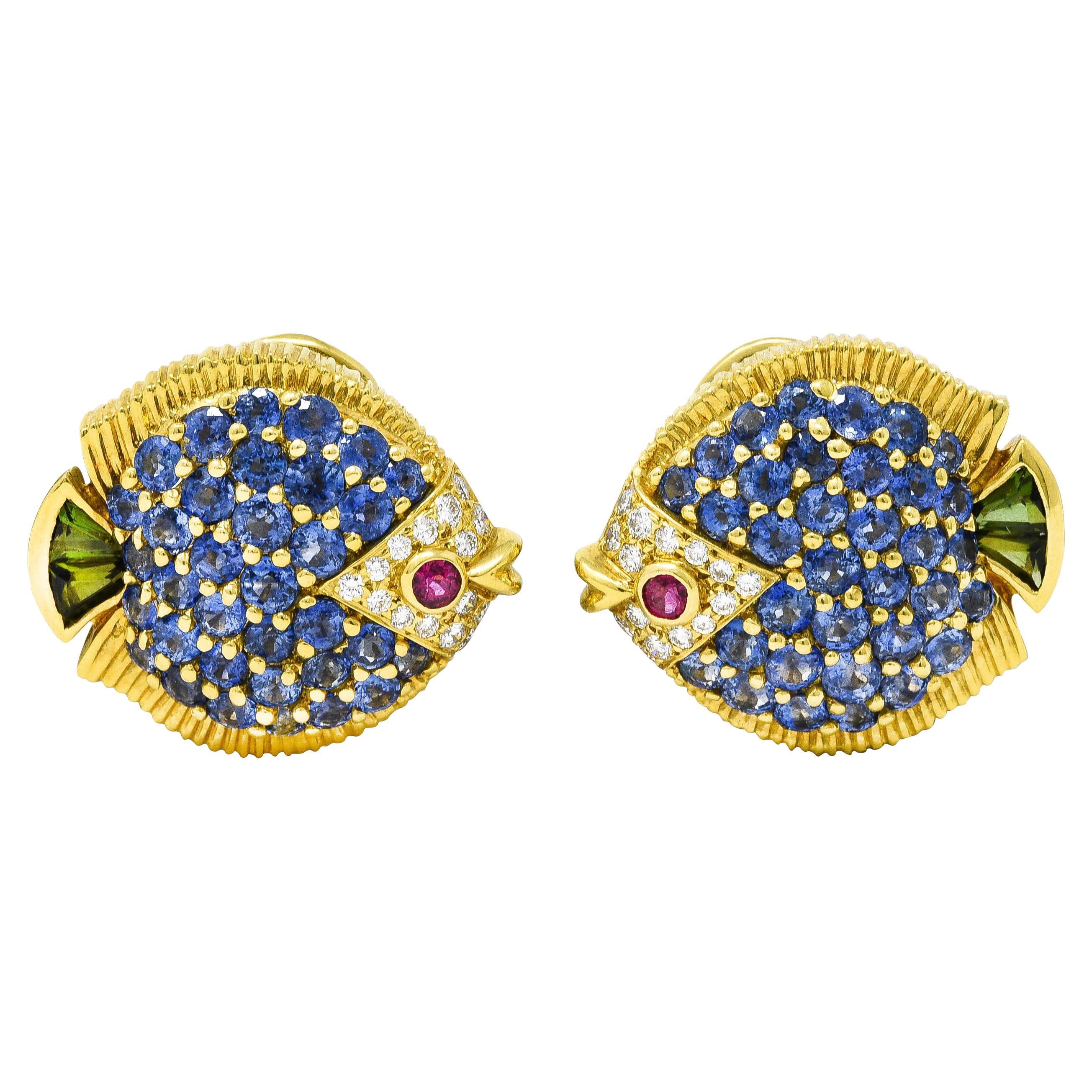1990's Jean Vitau 6.65 Carats Sapphire Diamond Ruby Tourmaline 18 Karat Earrings