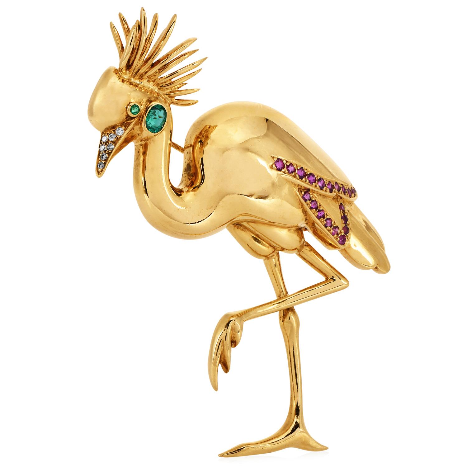Artisan Jean Vitau Flamingo Multi Gem Designer épingle en or 18 carats des années 1990 en vente
