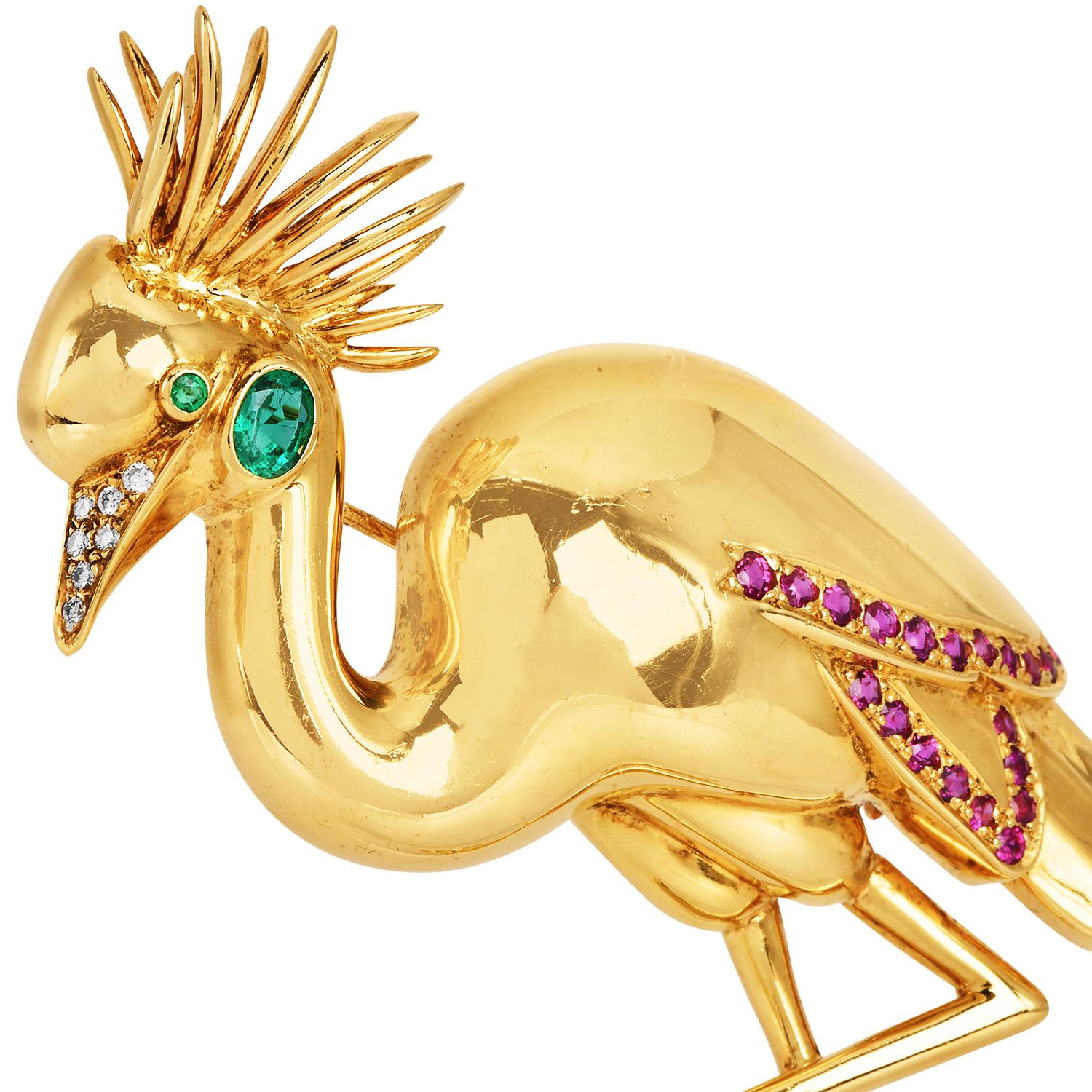 Taille ovale Jean Vitau Flamingo Multi Gem Designer épingle en or 18 carats des années 1990 en vente