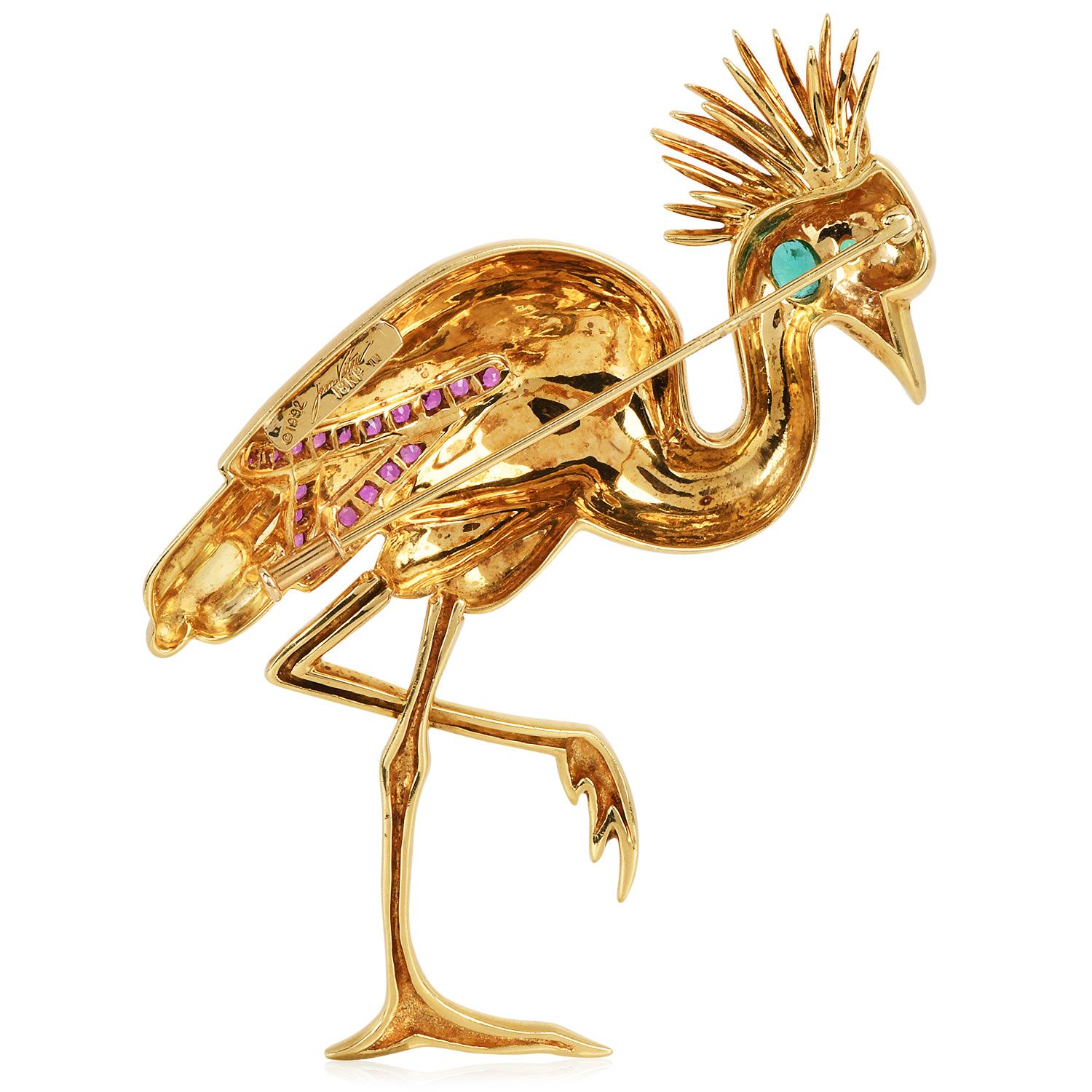 Jean Vitau Flamingo Multi Gem Designer épingle en or 18 carats des années 1990 Excellent état - En vente à Miami, FL